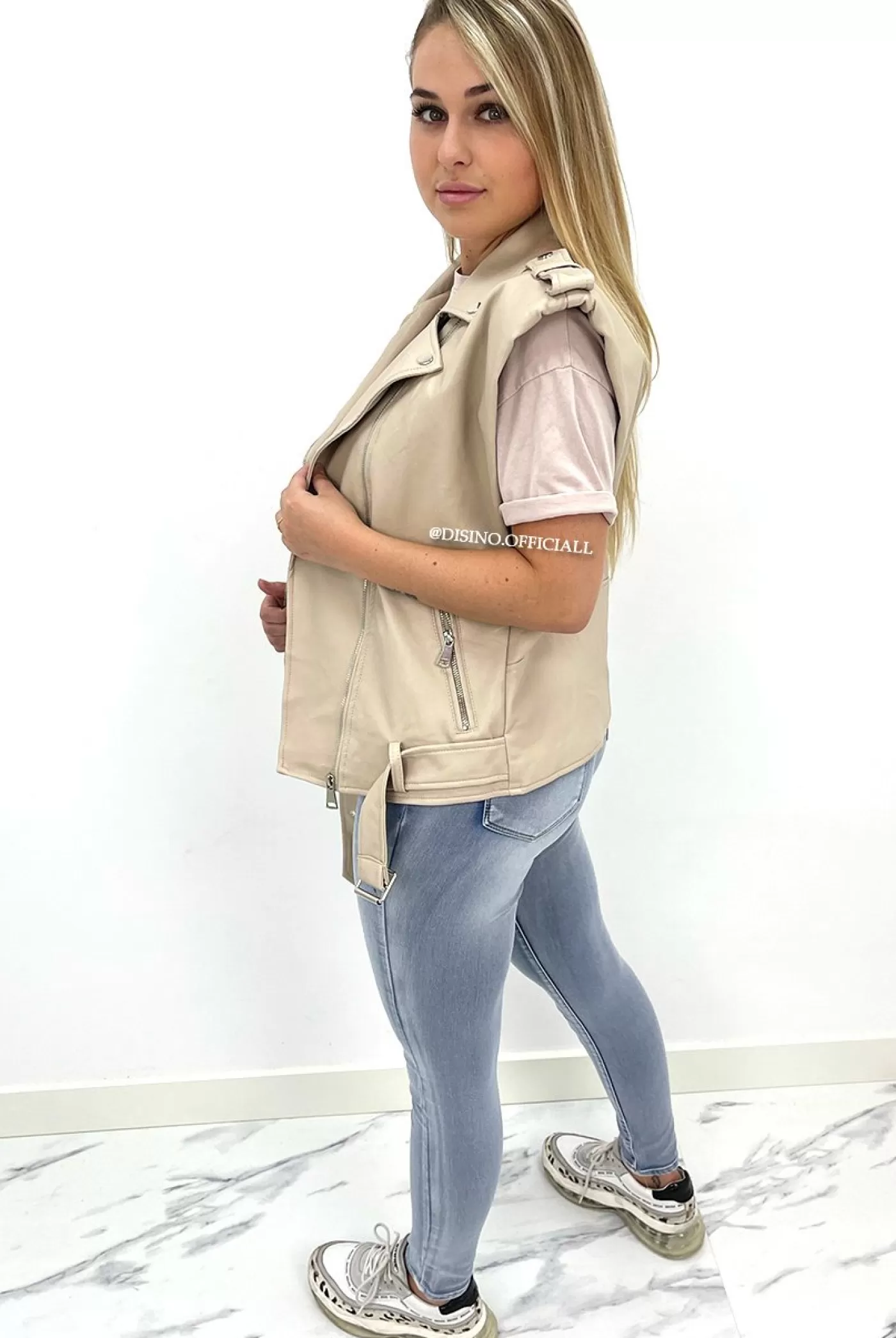 DISINO Beige - 'Brooklyn' - Faux Leather Biker Gilet | Vrouw Clothing