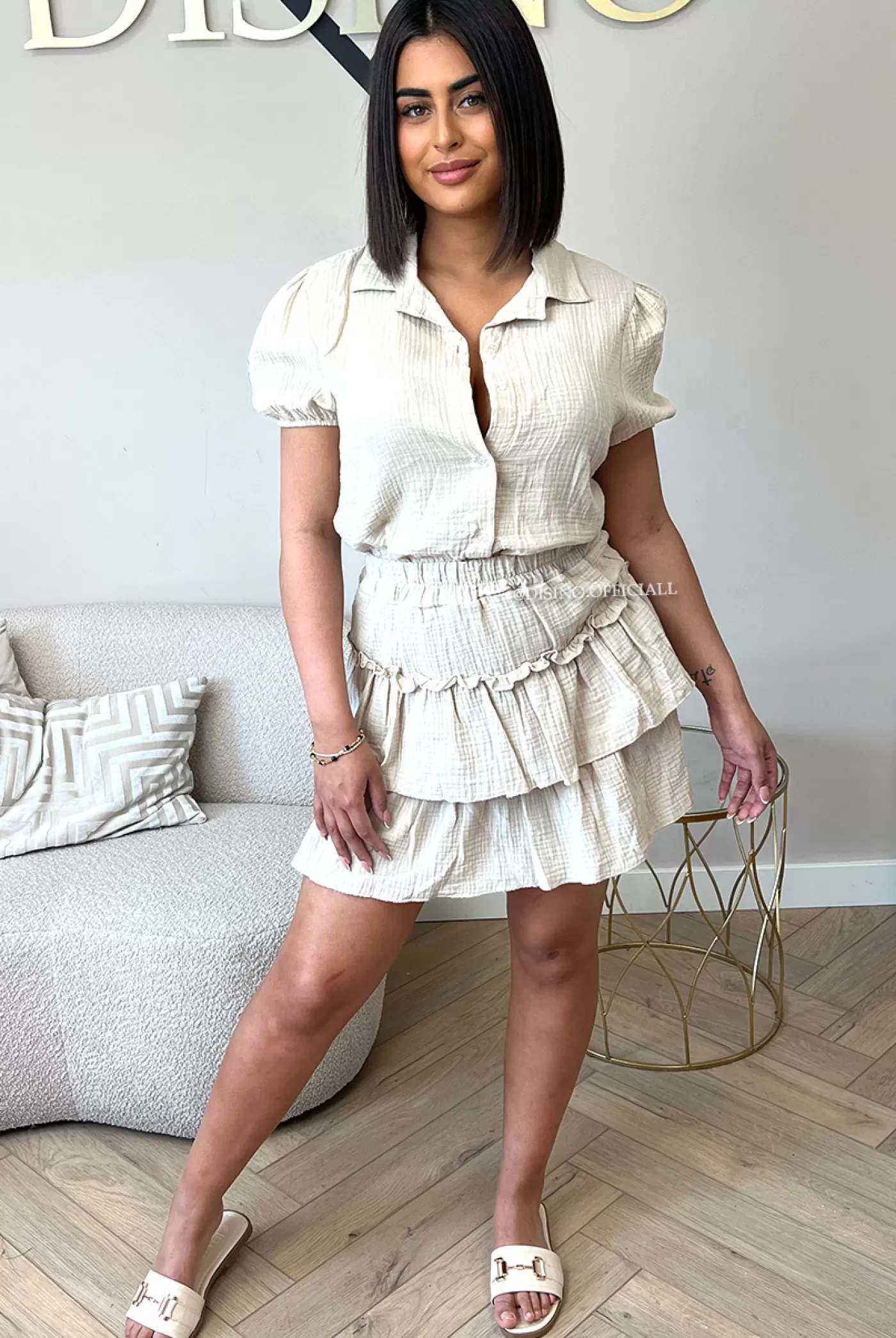 DISINO Beige - 'Denise Set' - Moesseline Cotton Short Sleeve Blouse + Skirt Set | Vrouw Two Piece Set & Loungewear