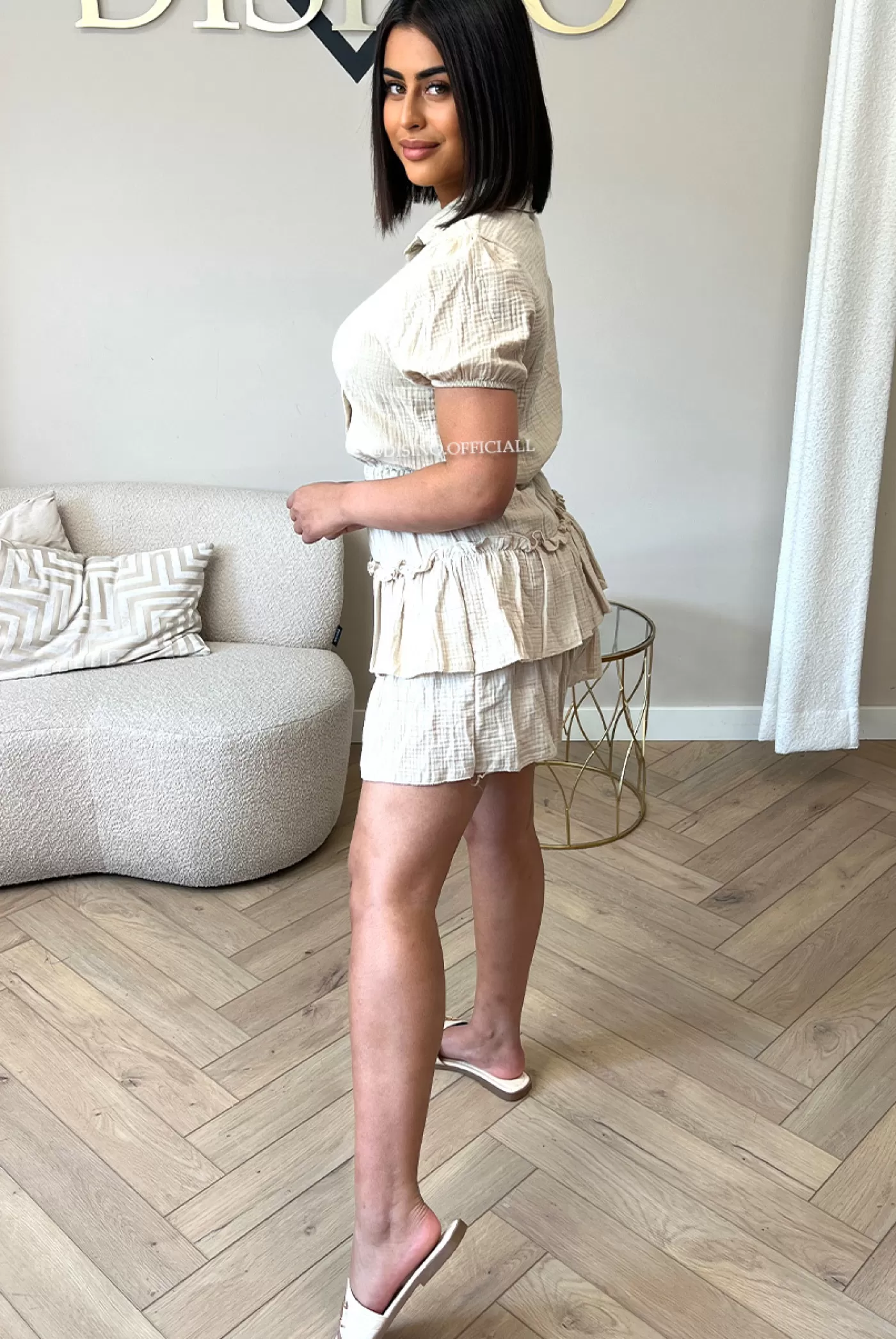 DISINO Beige - 'Denise Set' - Moesseline Cotton Short Sleeve Blouse + Skirt Set | Vrouw Two Piece Set & Loungewear