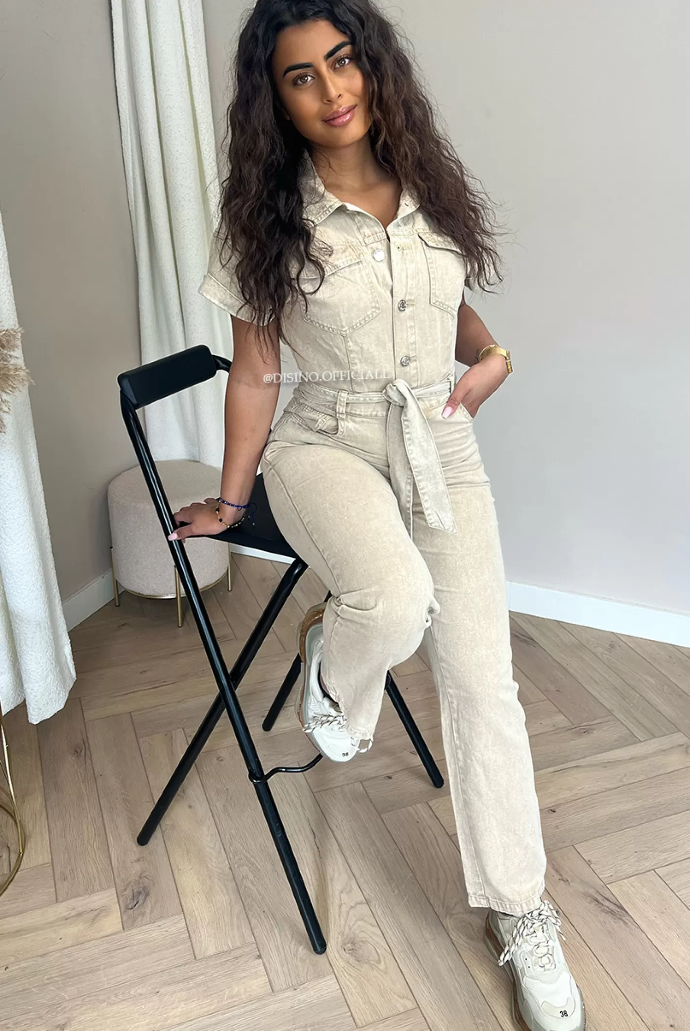 DISINO Beige - 'Jayla Shortsleeve' - Premium Quality Denim Jumpsuit | Vrouw Jumpsuits & Playsuits