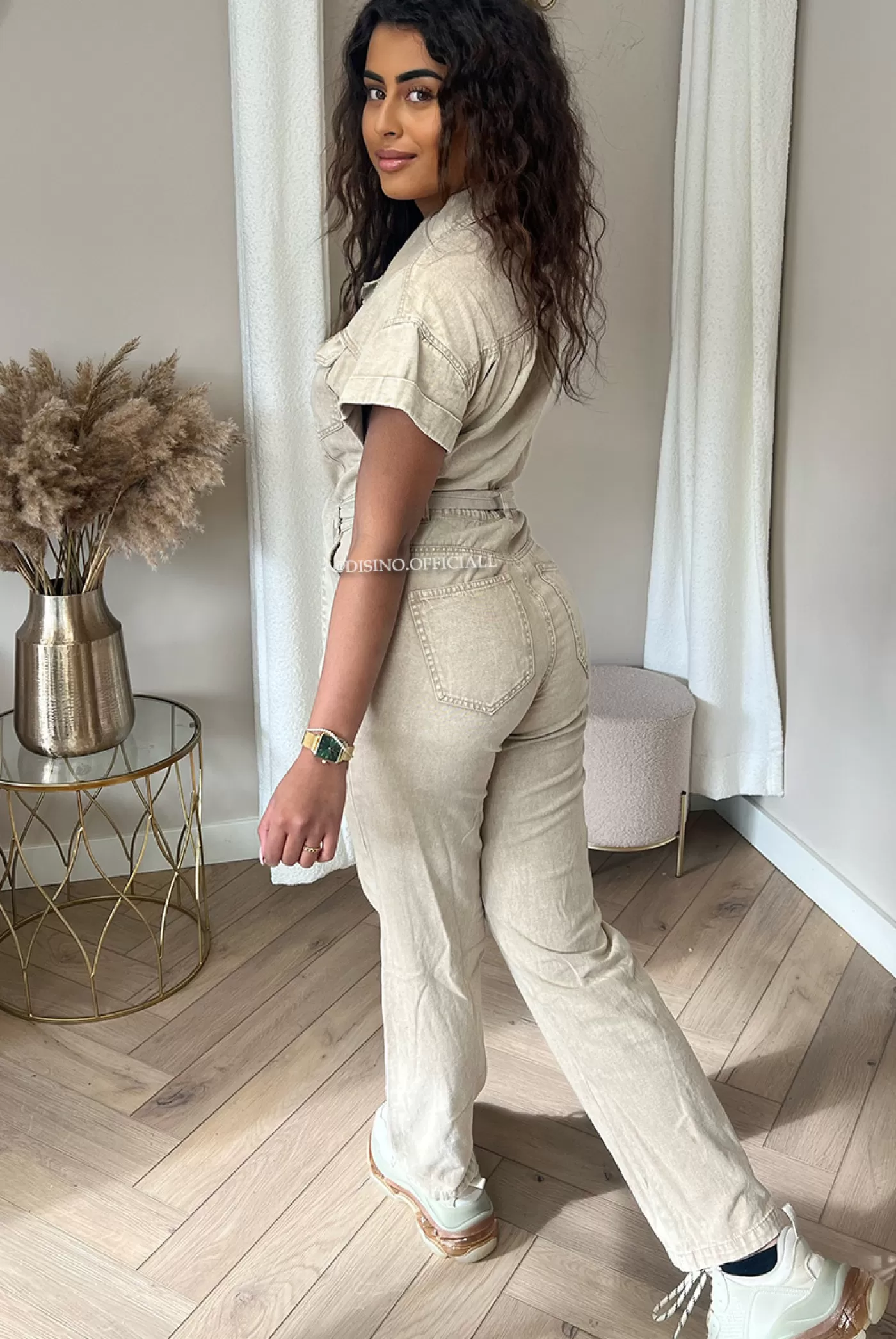 DISINO Beige - 'Jayla Shortsleeve' - Premium Quality Denim Jumpsuit | Vrouw Jumpsuits & Playsuits