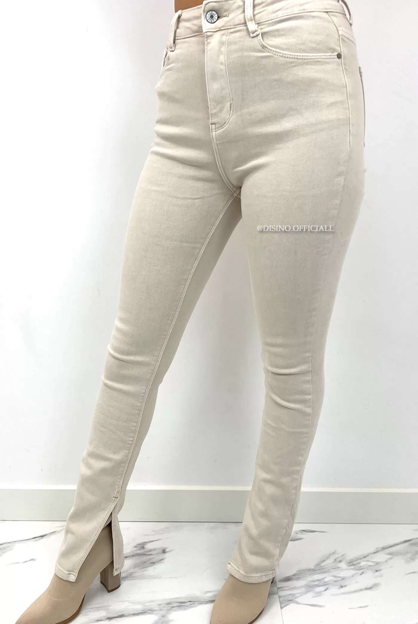 DISINO Beige - 'Jayne' - High Waist Super Stretch Jeans Inside Split | Vrouw Jeans