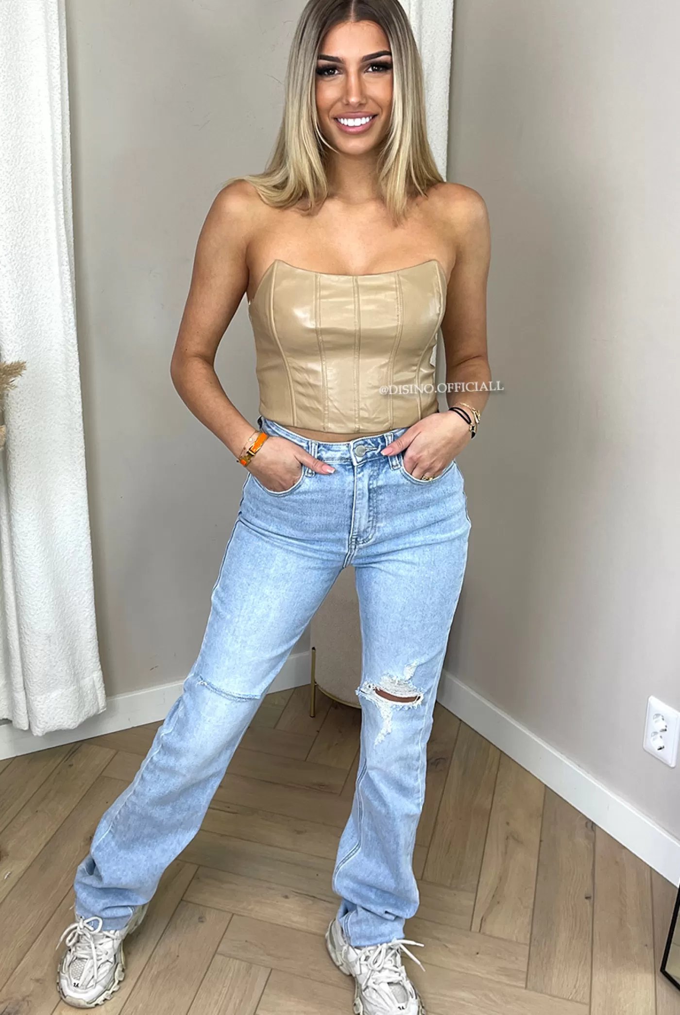 DISINO Beige - 'Sharon Corset' - Vegan Leather Stretch Corset Top | Vrouw Tops