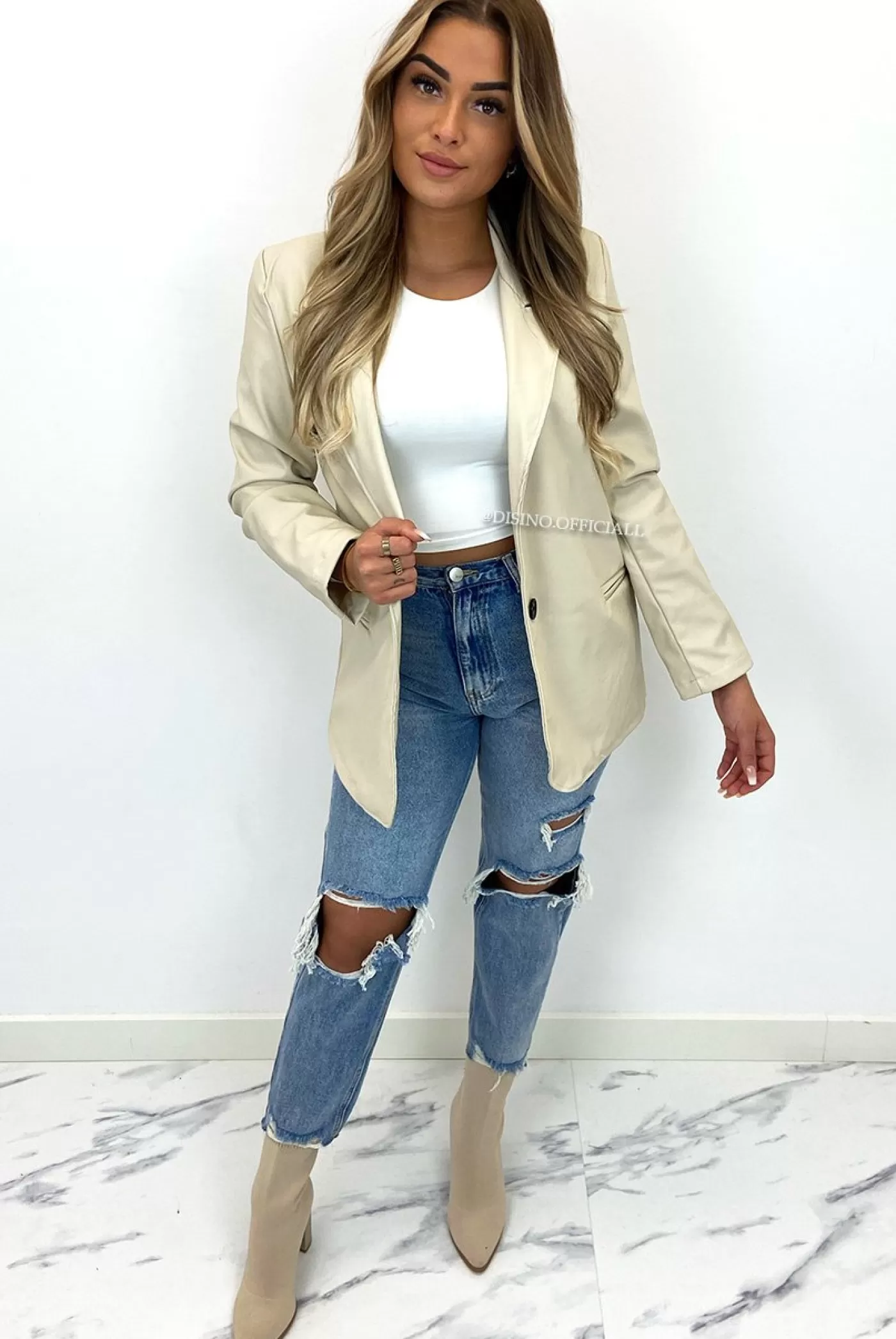 DISINO Beige - 'Yade Leather' - Oversized Boyfriend Blazer | Vrouw Clothing