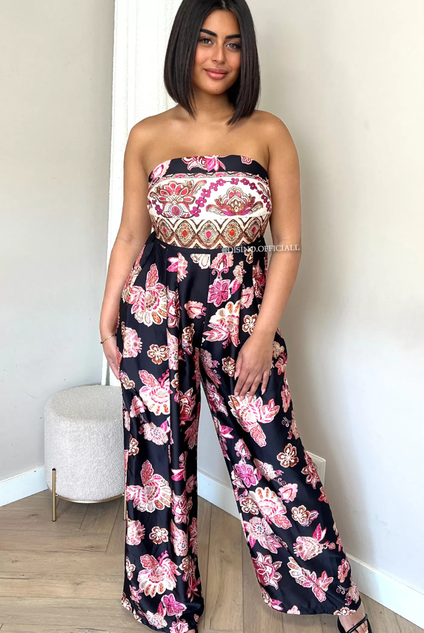 DISINO Black - 'Allison' - Satin Floral Strapless Jumpsuit | Vrouw Jumpsuits & Playsuits