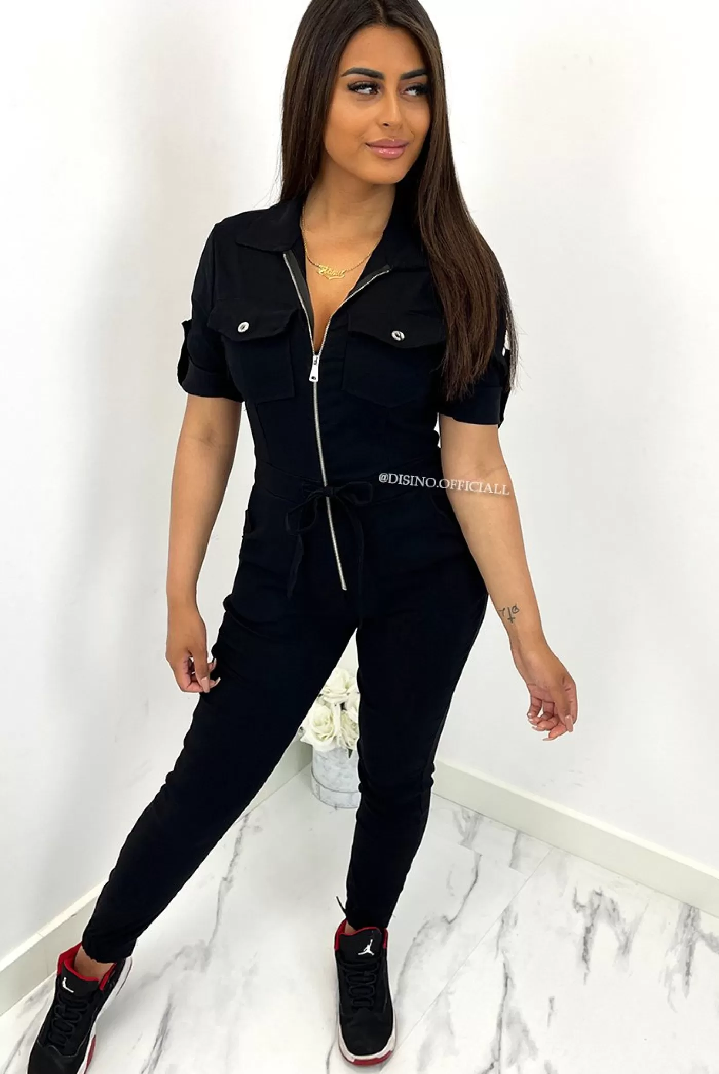 DISINO Black - 'Caitlyn Shortsleeve' - Super Stretch Cargo Jumpsuit Shortsleeve | Vrouw Jumpsuits & Playsuits