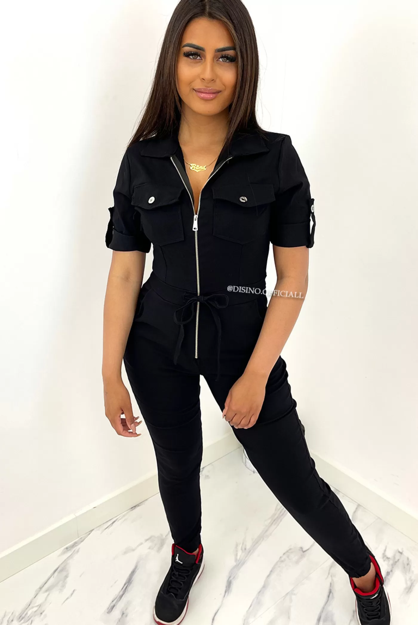 DISINO Black - 'Caitlyn Shortsleeve' - Super Stretch Cargo Jumpsuit Shortsleeve | Vrouw Jumpsuits & Playsuits