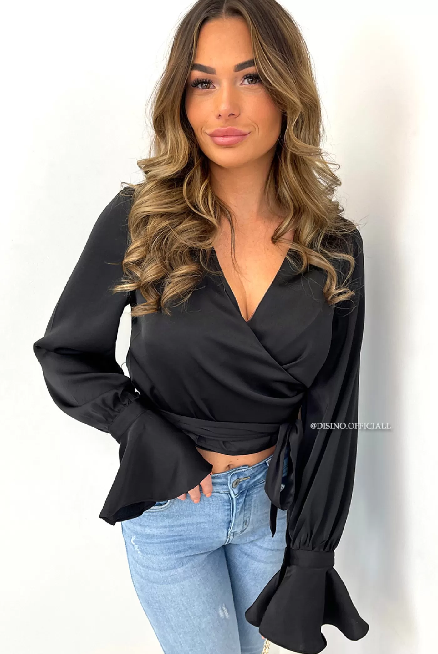 DISINO Black - 'Candice' - Premium Quality Satin Wrap On Blouse | Vrouw Blouses