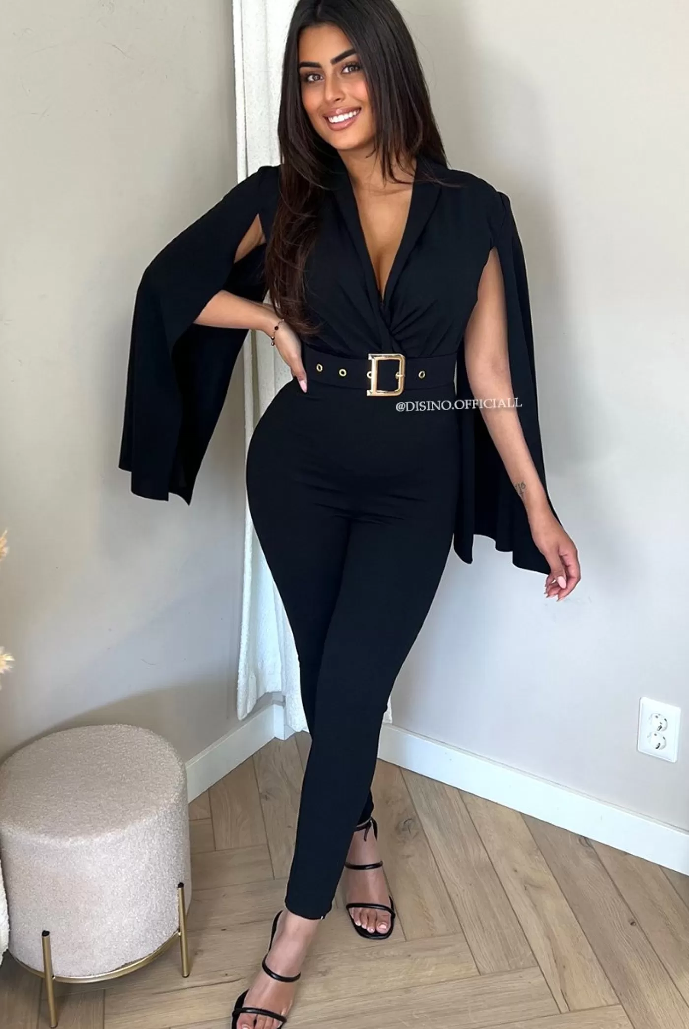 DISINO Black - 'Chloe Long Jumpsuit' - Classy Drape Arm Jumpsuit + Belt | Vrouw Jumpsuits & Playsuits