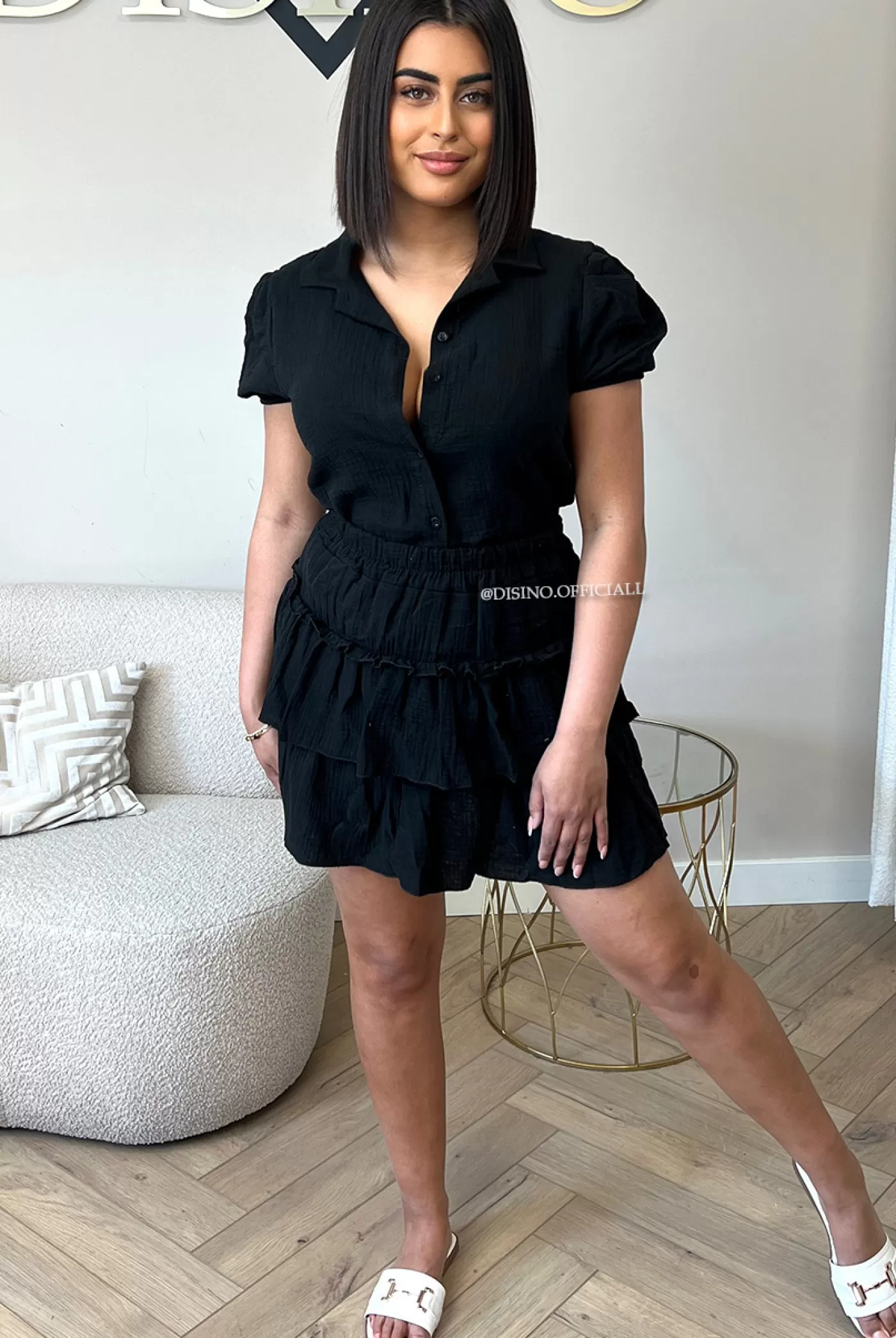 DISINO Black - 'Denise Set' - Moesseline Cotton Short Sleeve Blouse + Skirt Set | Vrouw Two Piece Set & Loungewear