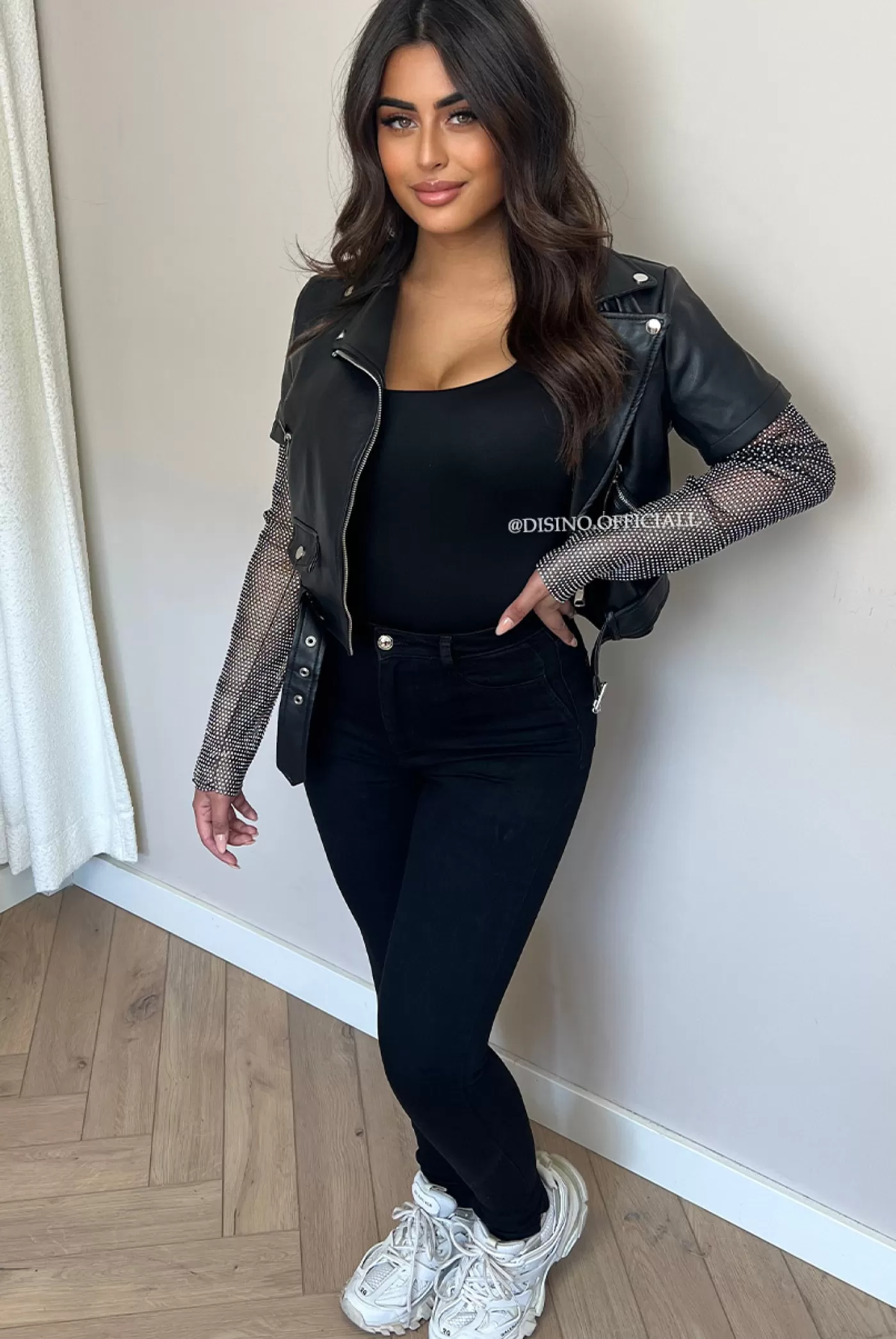 DISINO Black - 'Diamond Sleeve Biker' - Exclusive Diamonds Sleeve Leather Biker Jacket | Vrouw Clothing