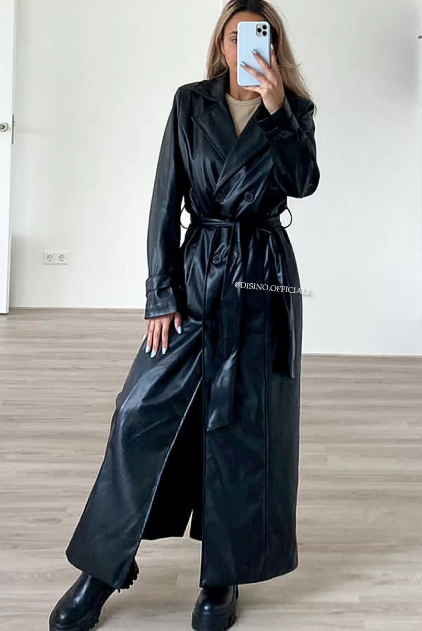 DISINO Black - 'Lois' - Maxi Vegan Leather Coat | Vrouw Clothing