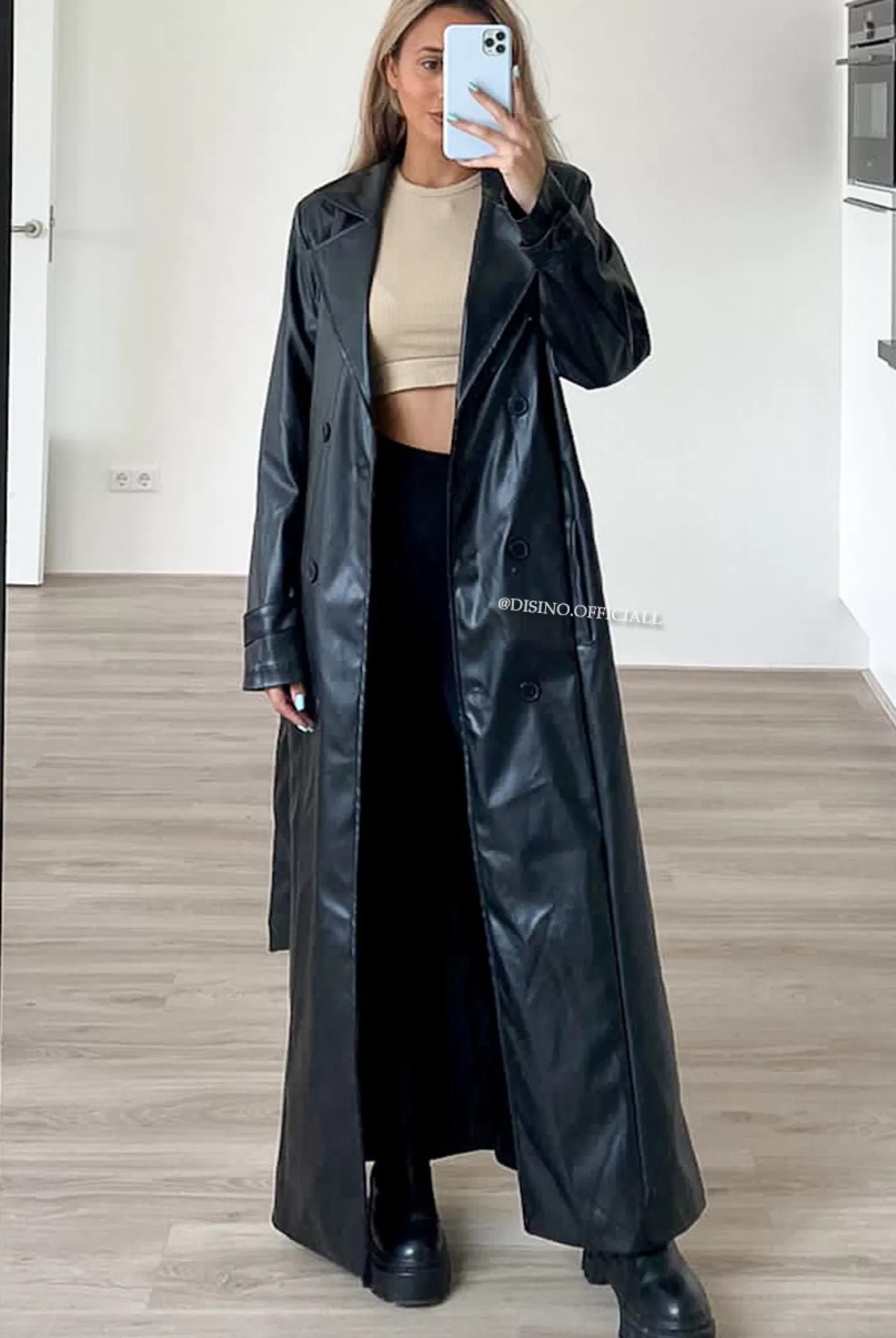 DISINO Black - 'Lois' - Maxi Vegan Leather Coat | Vrouw Clothing