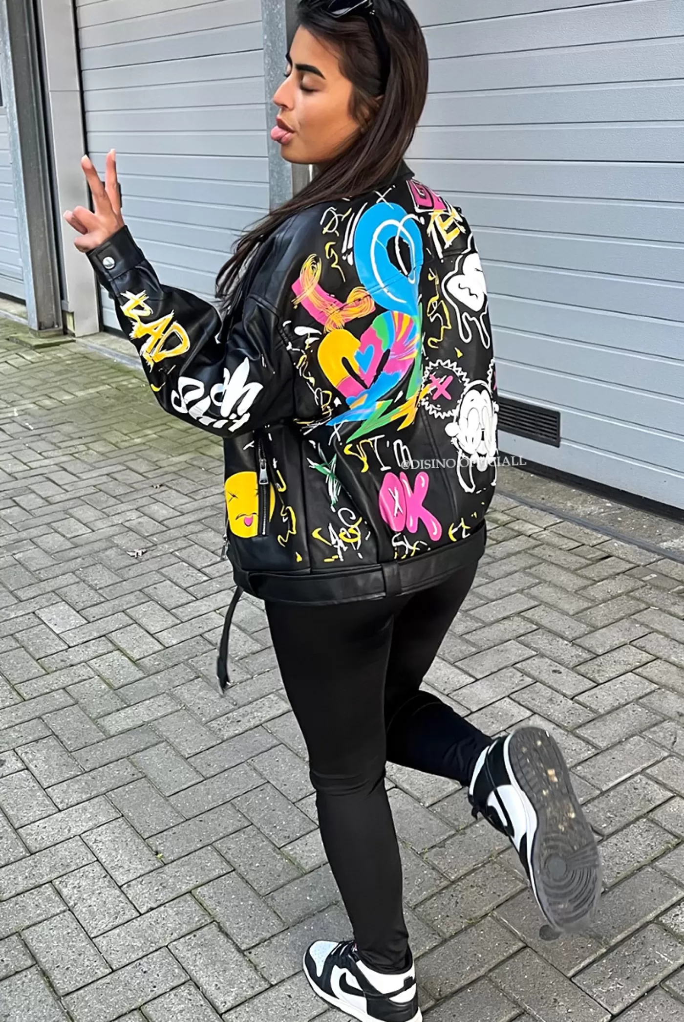 DISINO Black - 'Nikki Jacket' - Oversized Exclusive Graffiti Leather Jacket | Vrouw Clothing