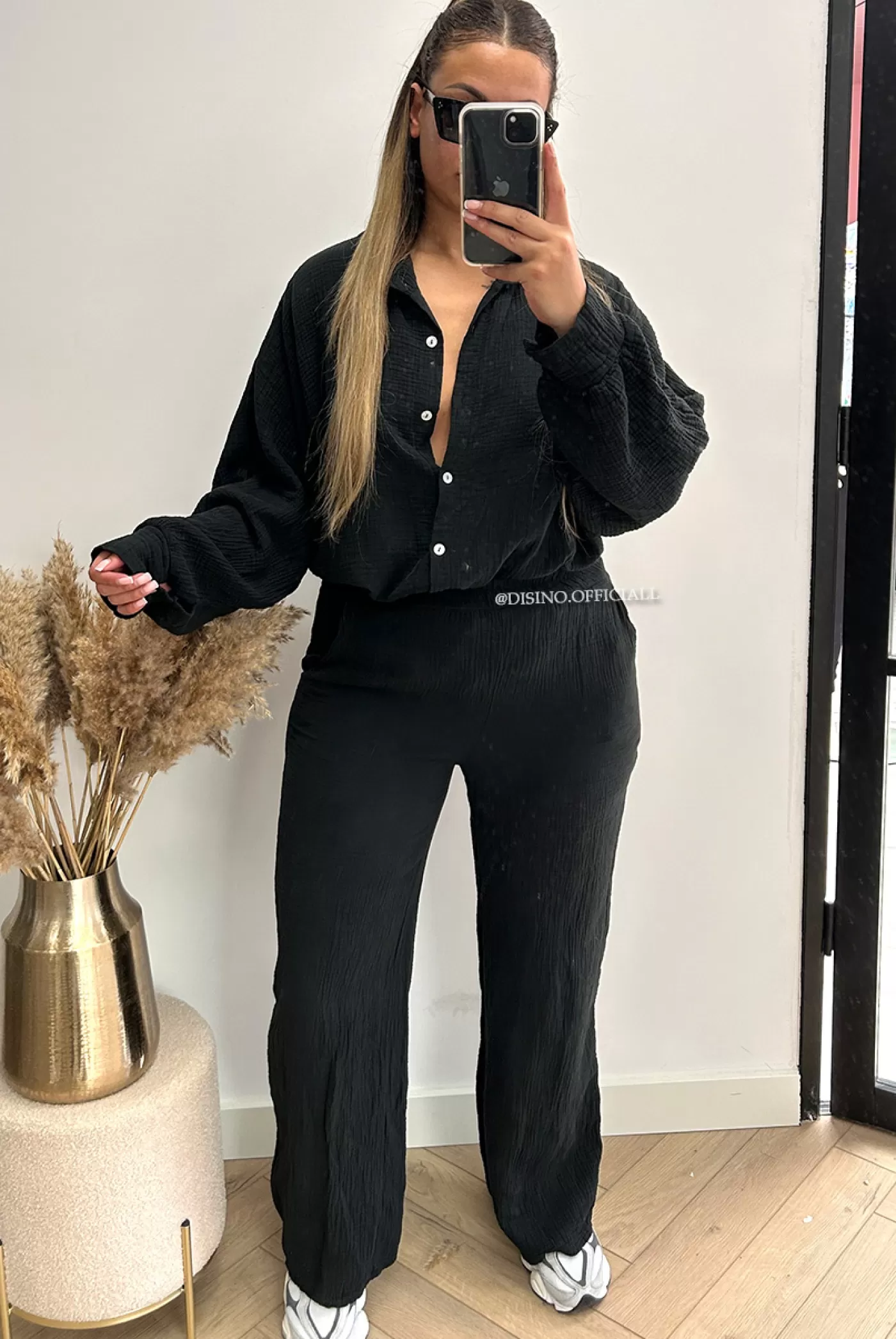 DISINO Black - 'Nina Set' - Moesseline Waffle Cotton Blouse + Pants Set | Vrouw Two Piece Set & Loungewear