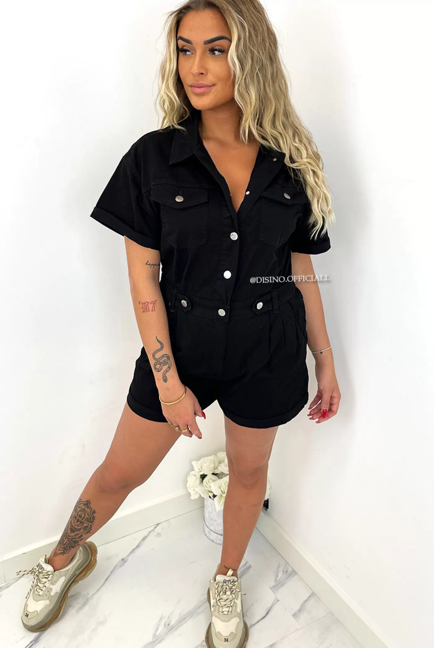 DISINO Black - 'River' - Super Stretch Denim Cargo Short Jumpsuit | Vrouw Jumpsuits & Playsuits