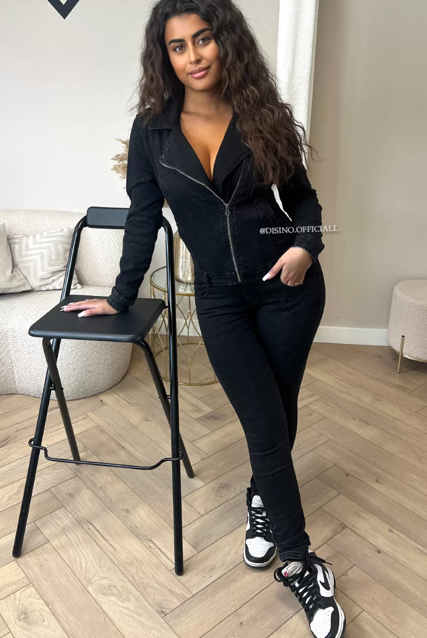 DISINO Black - 'Vanessa Jumpsuit' - Crossed Zipper Super Stretch Denim Jumpsuit | Vrouw Jumpsuits & Playsuits