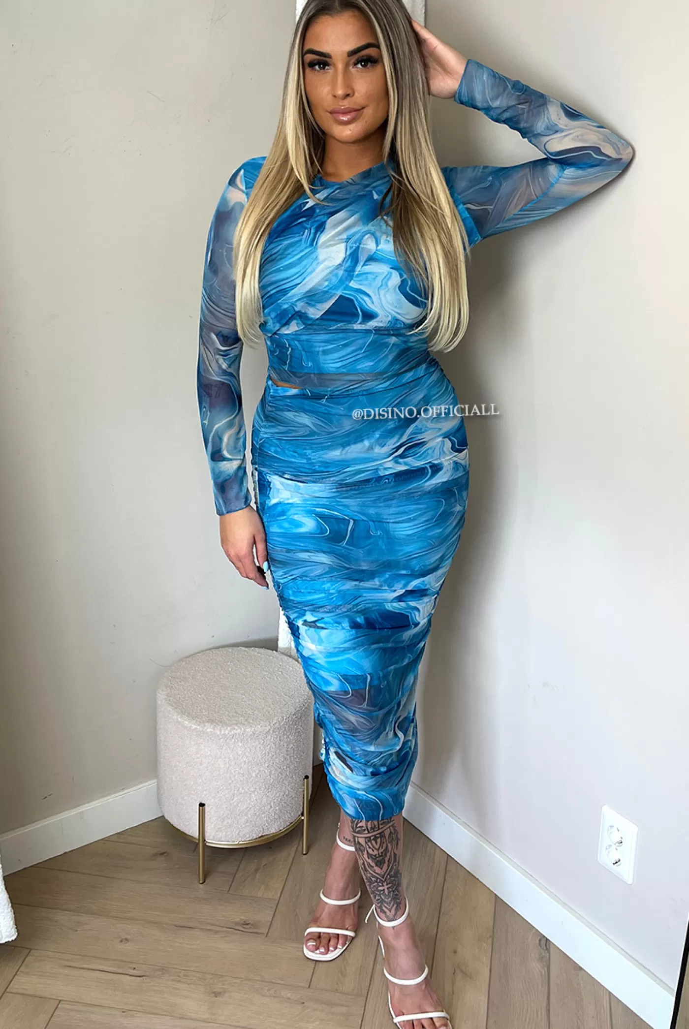 DISINO Blue - 'Alicia V2 Set' - Inspired Marble Mesh Top + Skirt Set | Vrouw Two Piece Set & Loungewear