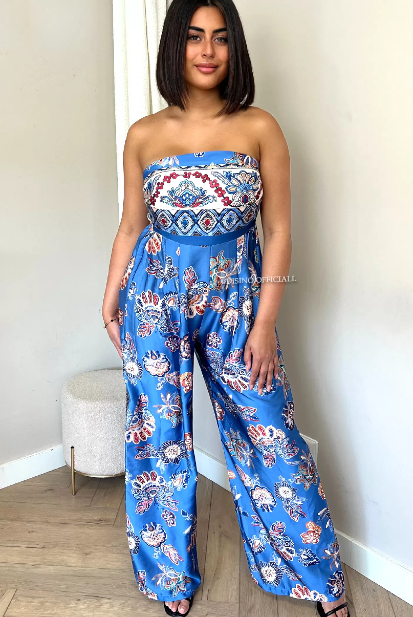 DISINO Blue - 'Allison' - Satin Floral Strapless Jumpsuit | Vrouw Jumpsuits & Playsuits