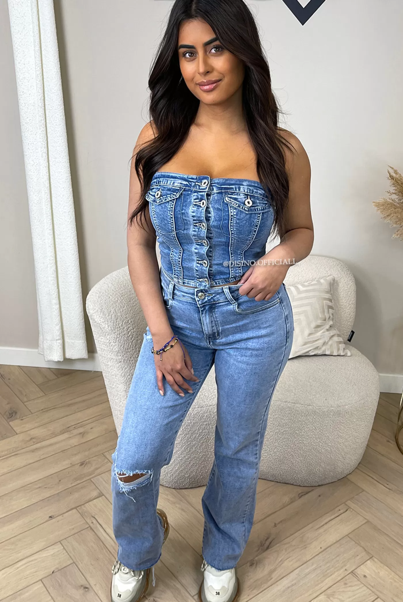 DISINO Blue - 'Hollywood' - Super Stretch High Waist Ripped Knee Straight Leg Jeans | Vrouw Jeans