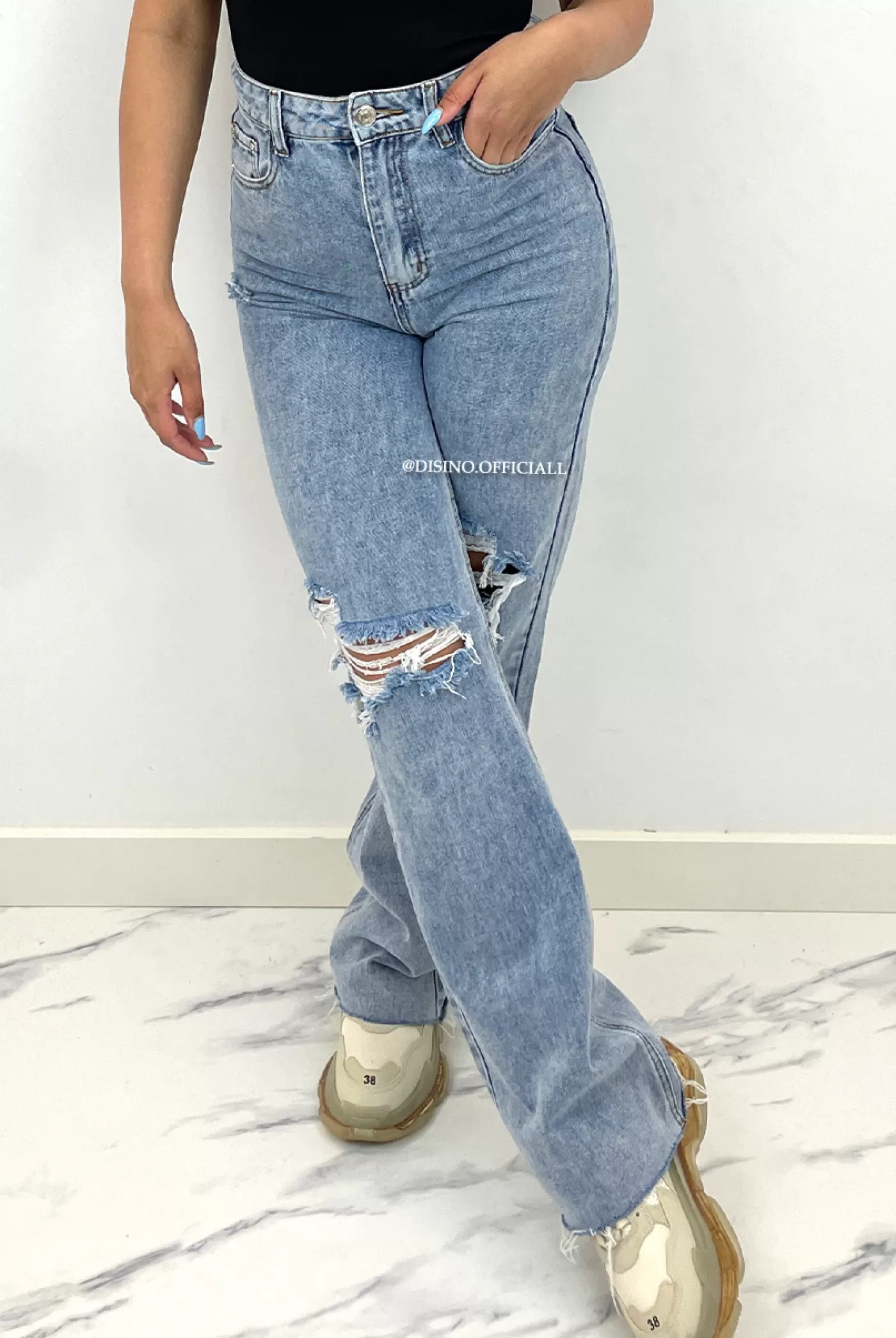 DISINO Blue - 'Jayla' - High Waist Ripped Straight Leg Jeans | Vrouw Jeans