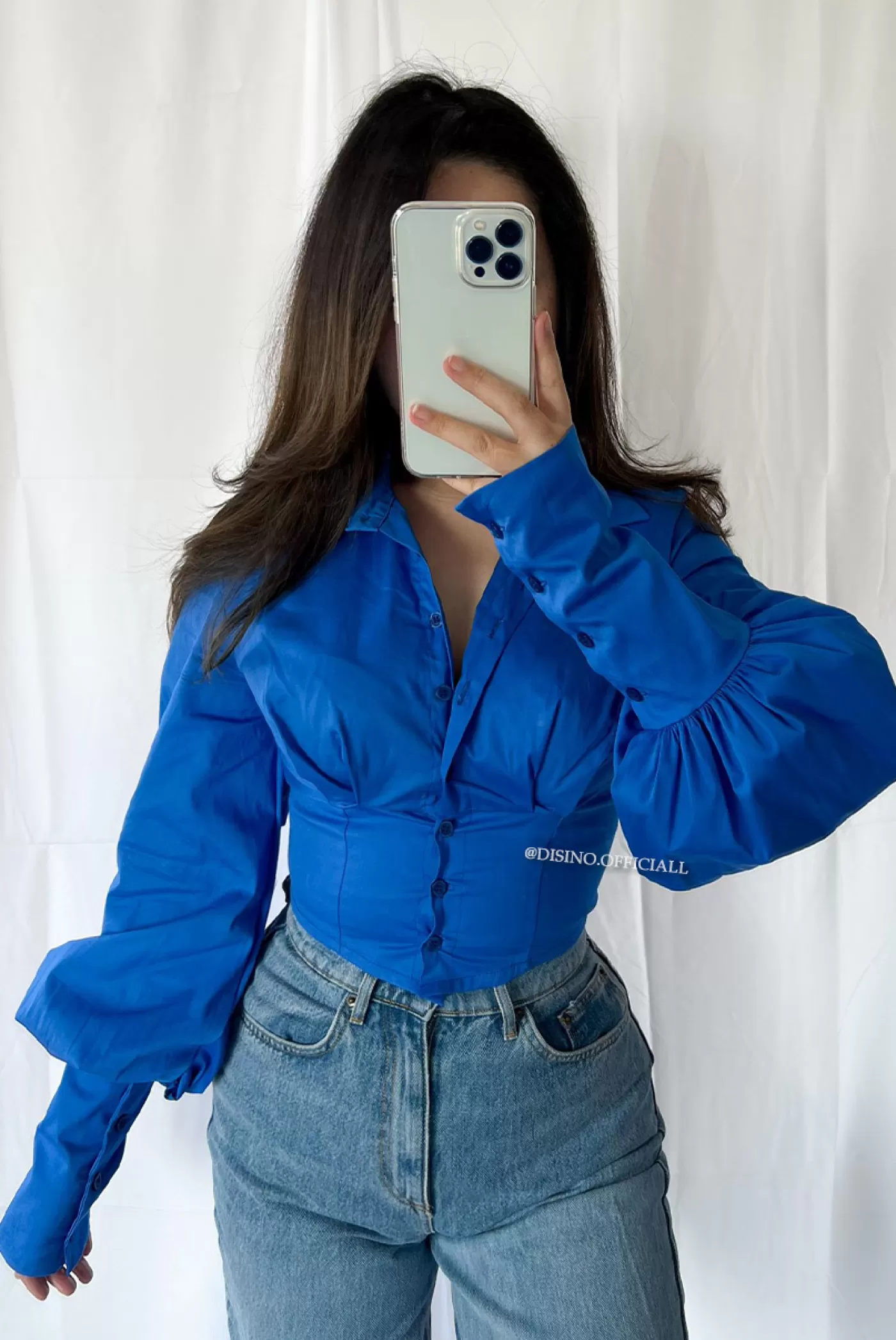 DISINO Blue - 'Lucie Blouse' - Corset Puff Shoulder Blouse | Vrouw Blouses