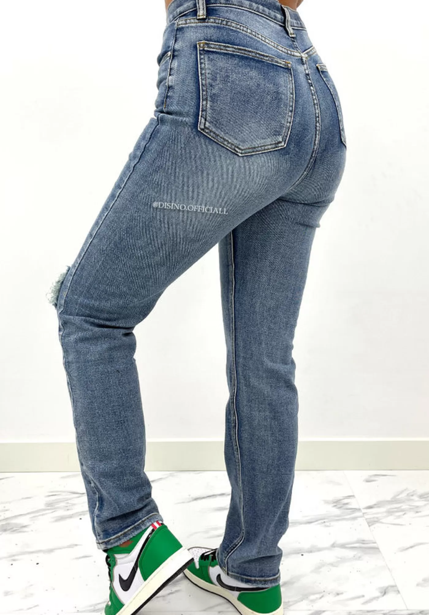 DISINO Blue - 'Marseille' - Stretch High Waist One Knee Ripped Straight Leg Jeans | Vrouw Jeans