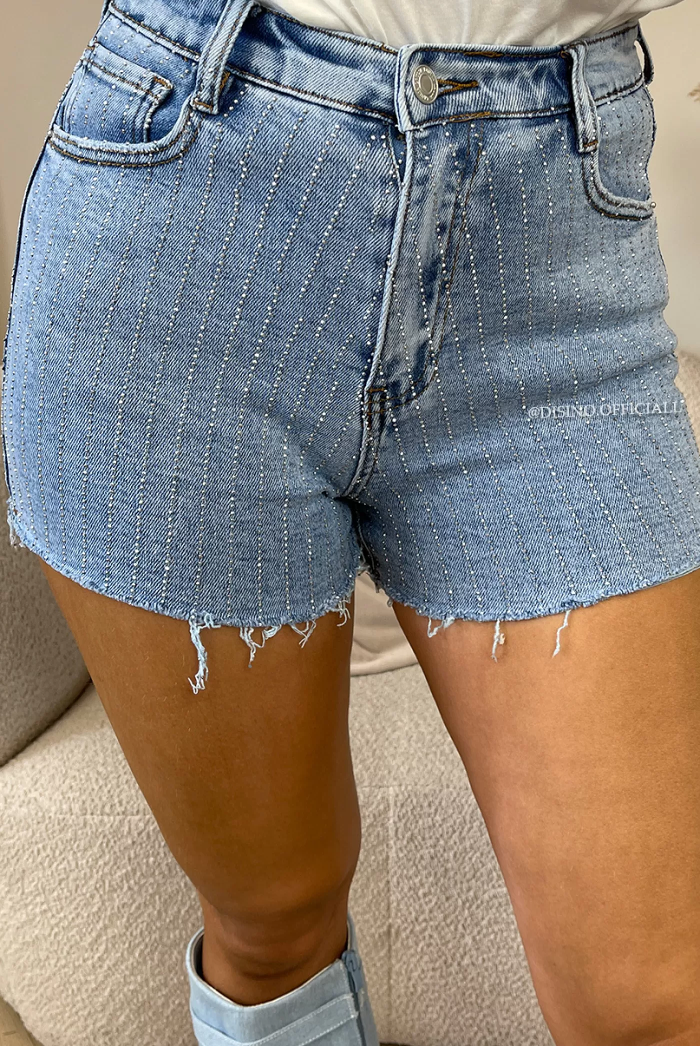 DISINO Blue - 'Mireille Shorts' - Super Stretch All-Over Diamonds Denim Short | Vrouw Skirts & Shorts