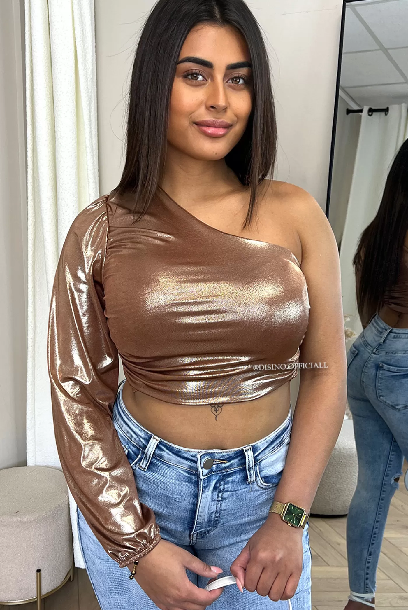 DISINO Brown - 'Melanie Top' - Metallic One-Arm Sleeve Cropped Top | Vrouw Tops