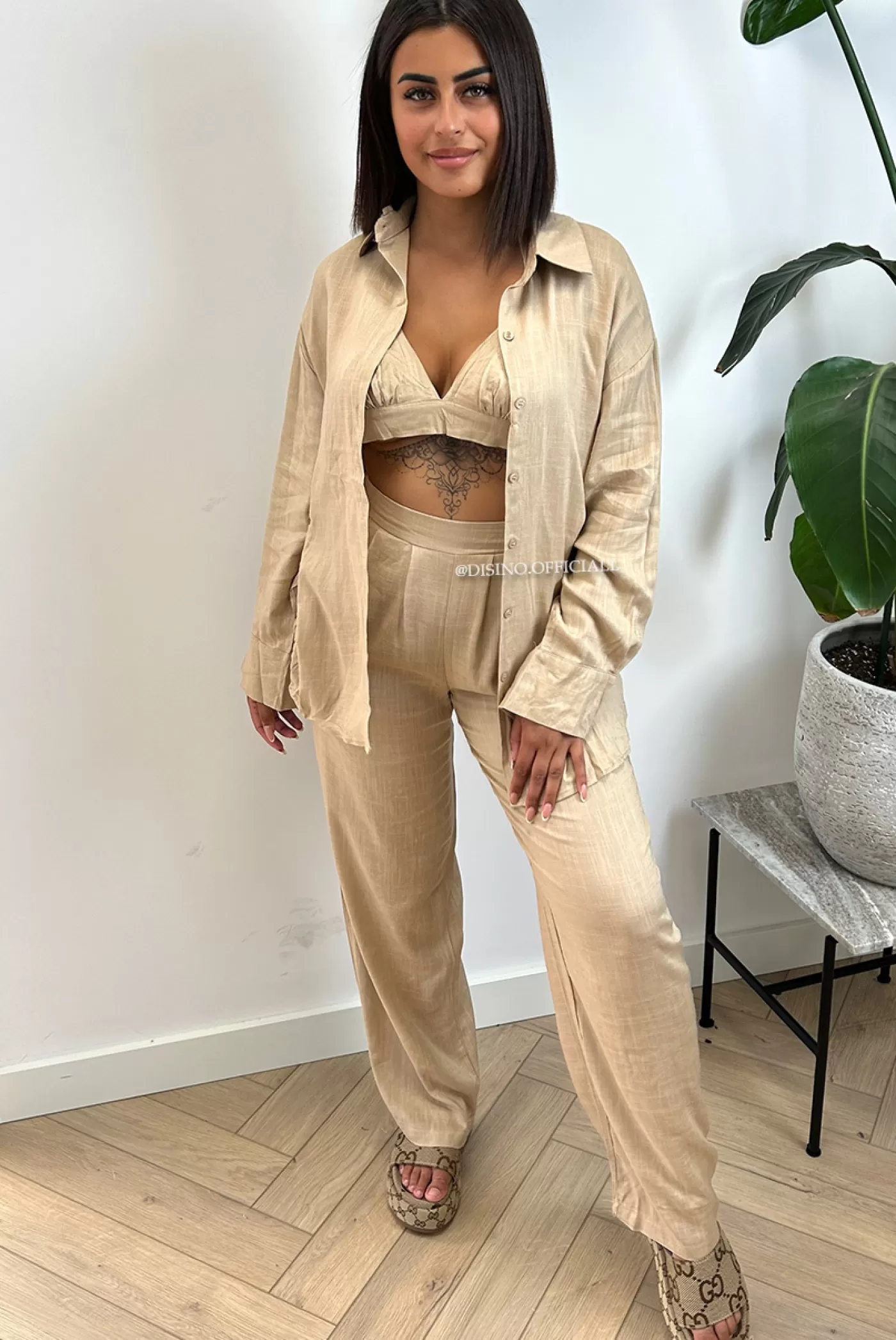 DISINO Camel - 'Sienna Long' - Linnen 3 Piece Pants + Blouse Set | Vrouw Two Piece Set & Loungewear