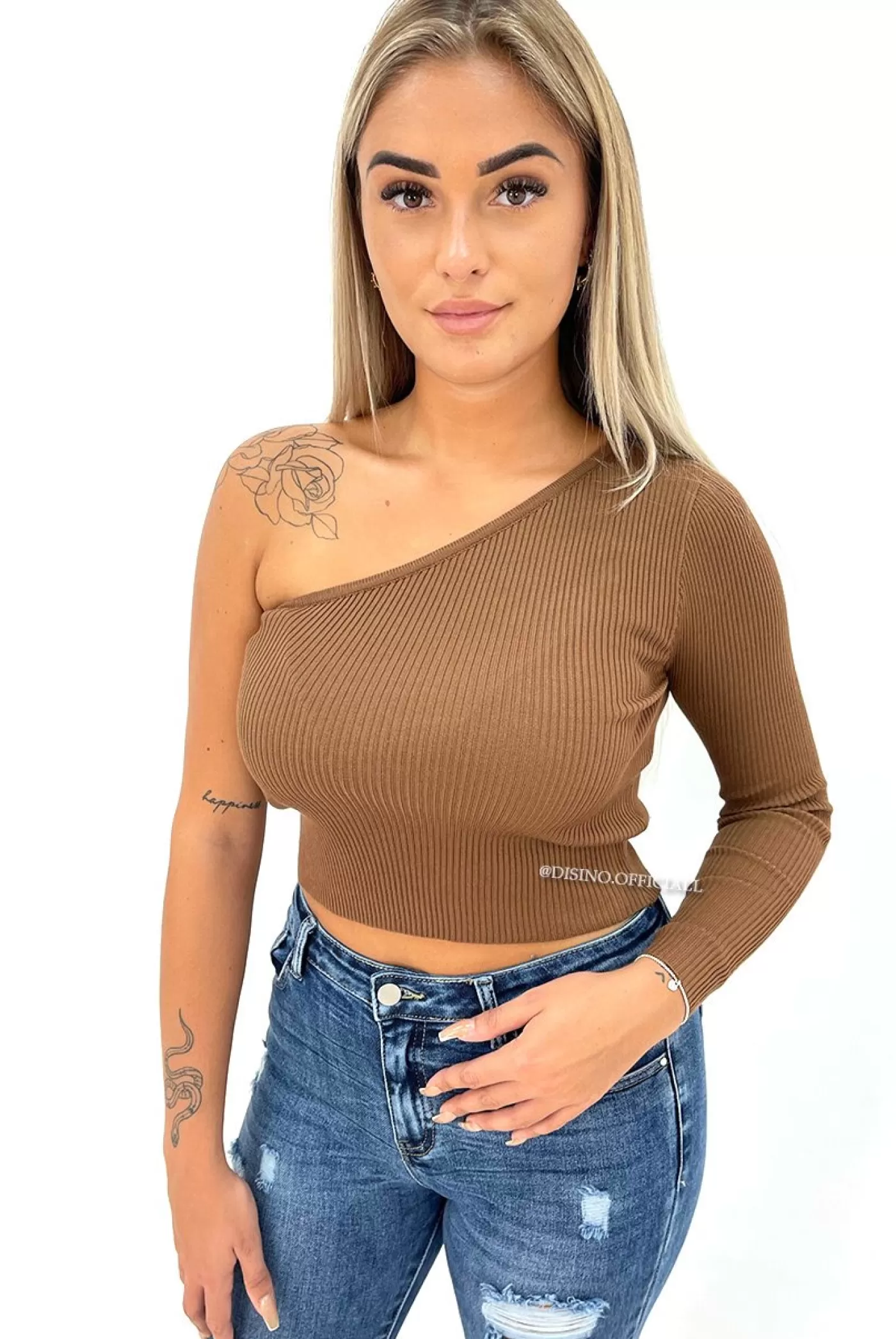 DISINO Choco - 'Shanna' - One Shoulder Ribbed Top | Vrouw Tops