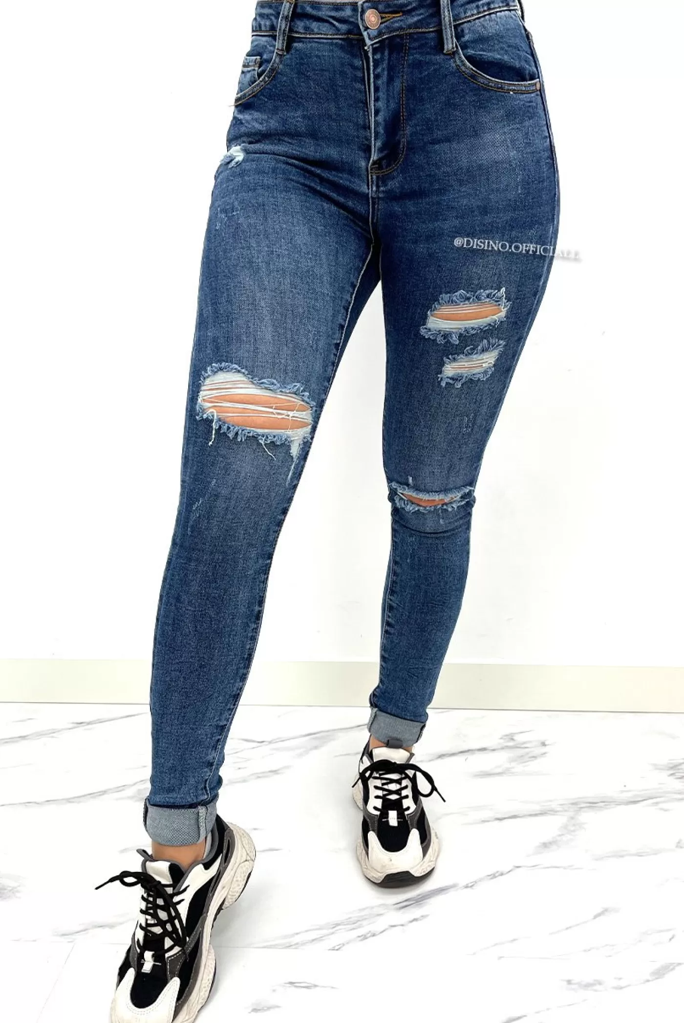 DISINO Dark Blue - Extra Long Ripped High Waist Skinny Jeans - 6782 | Vrouw Jeans