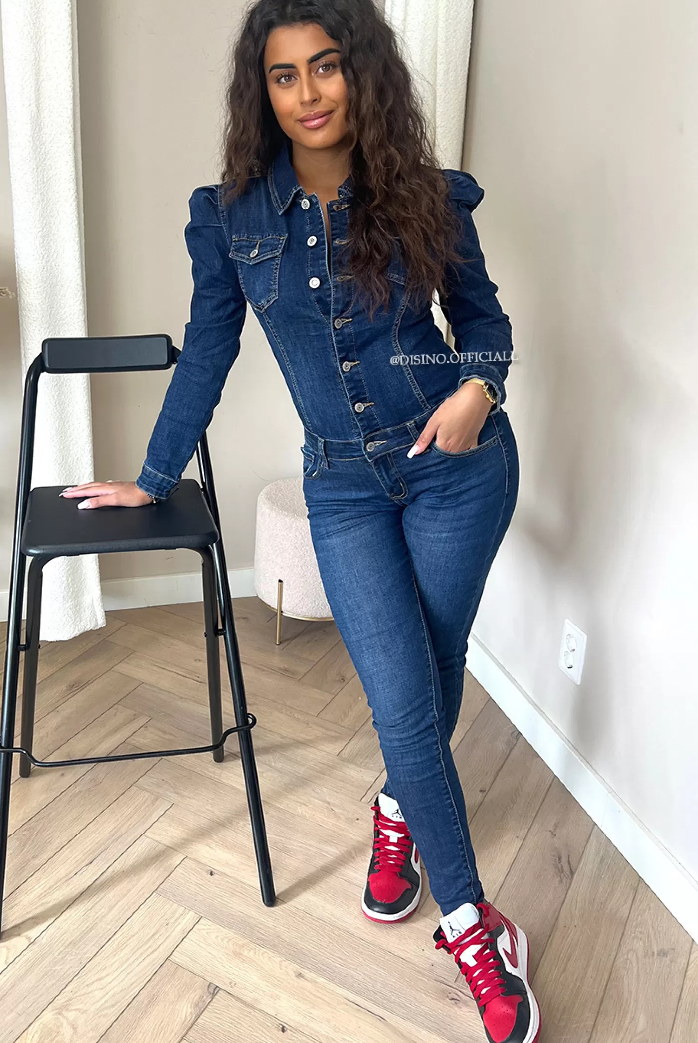 DISINO Dark Blue - 'Nancy Jumpsuit' - Denim Button Up Puff Shoulder Jumpsuit | Vrouw Jumpsuits & Playsuits