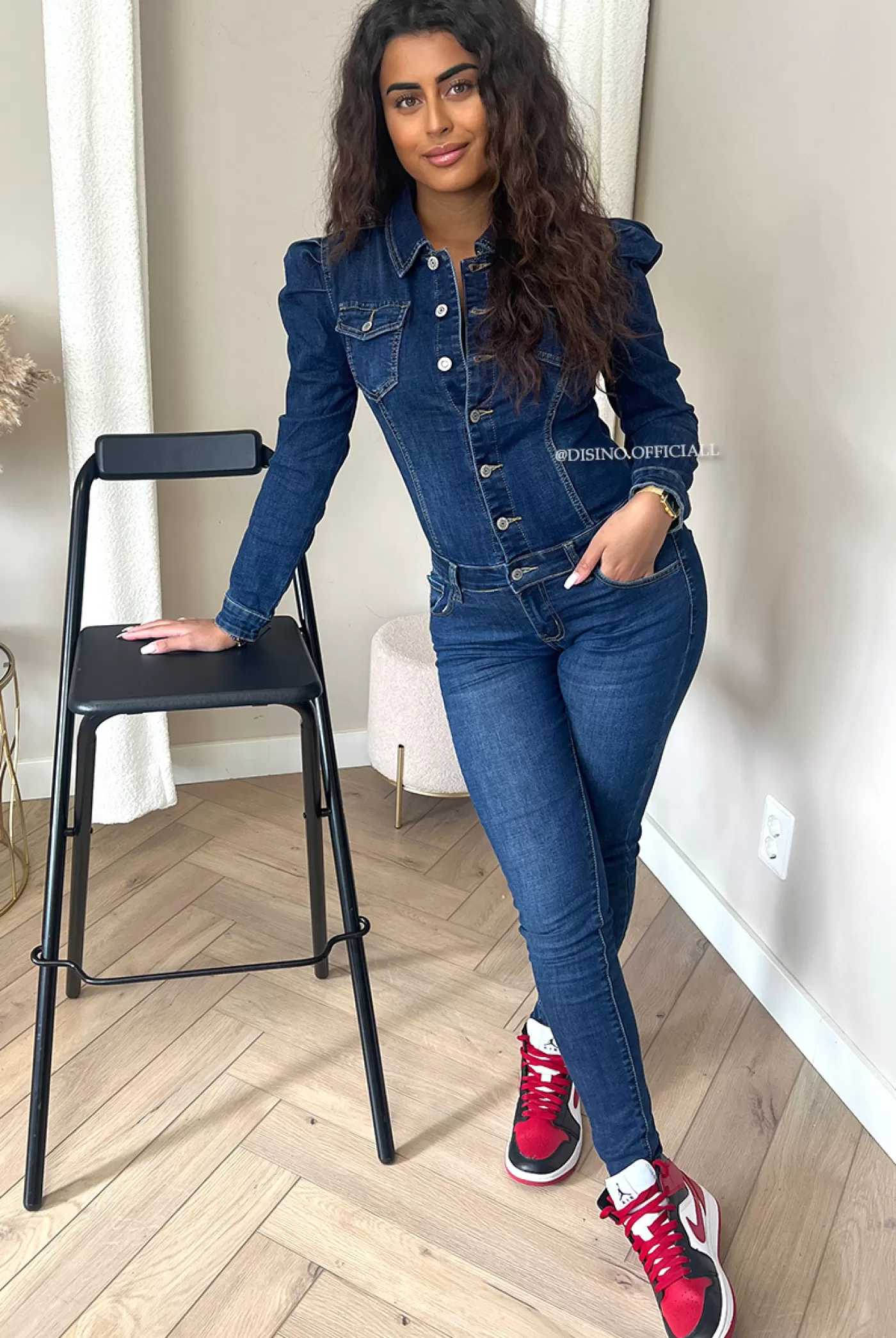 DISINO Dark Blue - 'Nancy Jumpsuit' - Denim Button Up Puff Shoulder Jumpsuit | Vrouw Jumpsuits & Playsuits