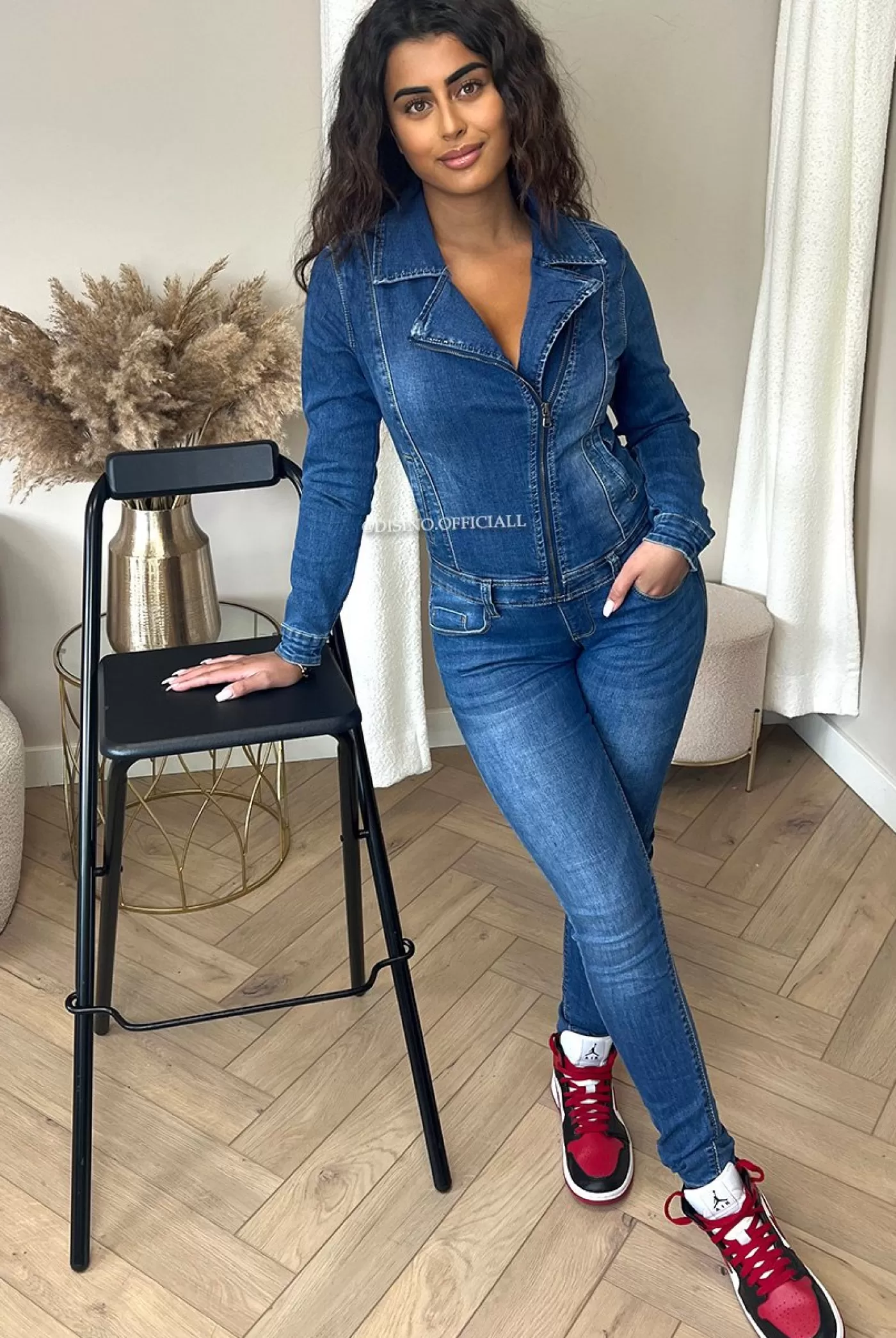 DISINO Dark Blue - 'Vanessa Jumpsuit' - Crossed Zipper Super Stretch Denim Jumpsuit | Vrouw Jumpsuits & Playsuits