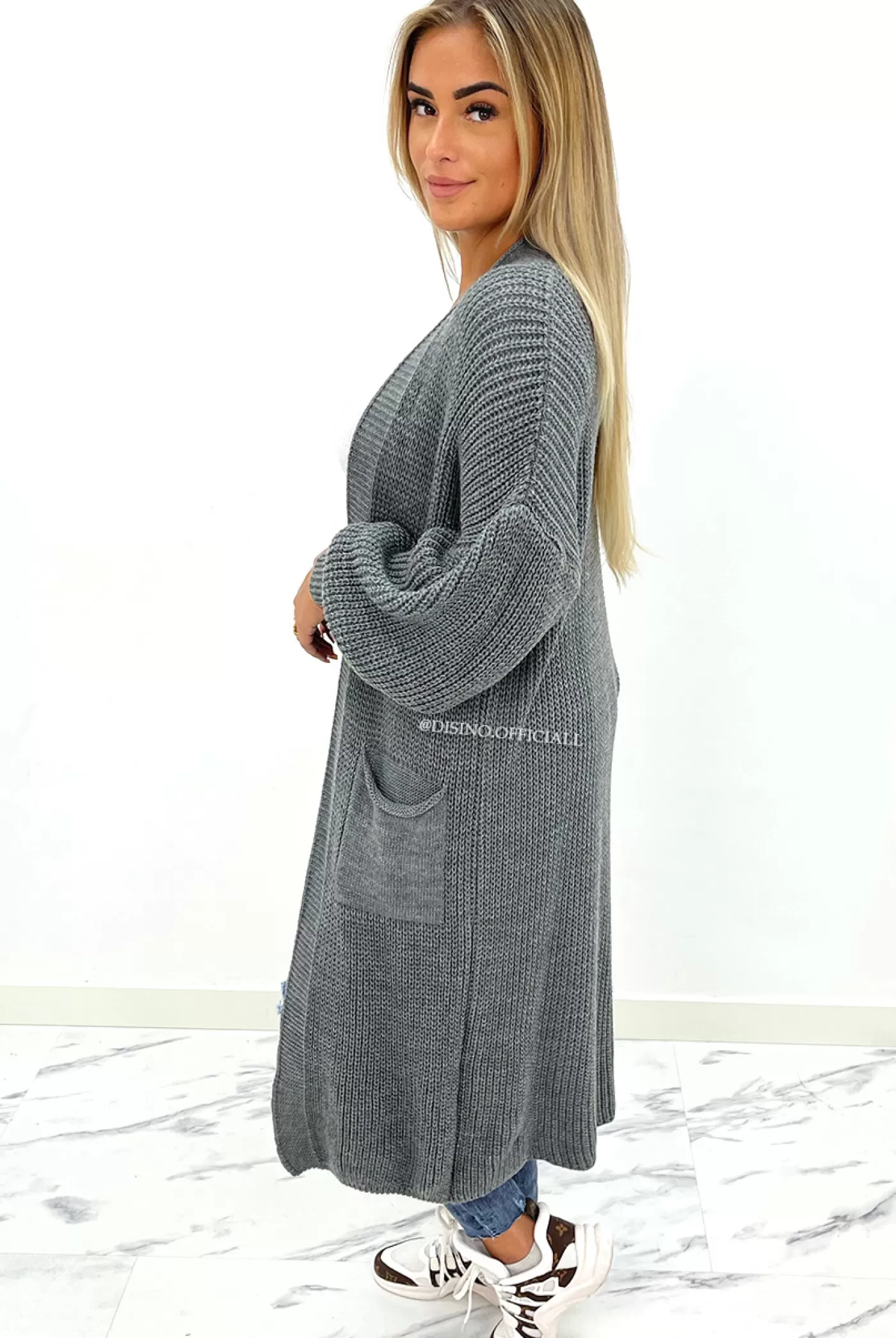 DISINO Dark Grey - 'Saar' - Knitted Balloon Sleeve Maxi Vest | Vrouw Clothing