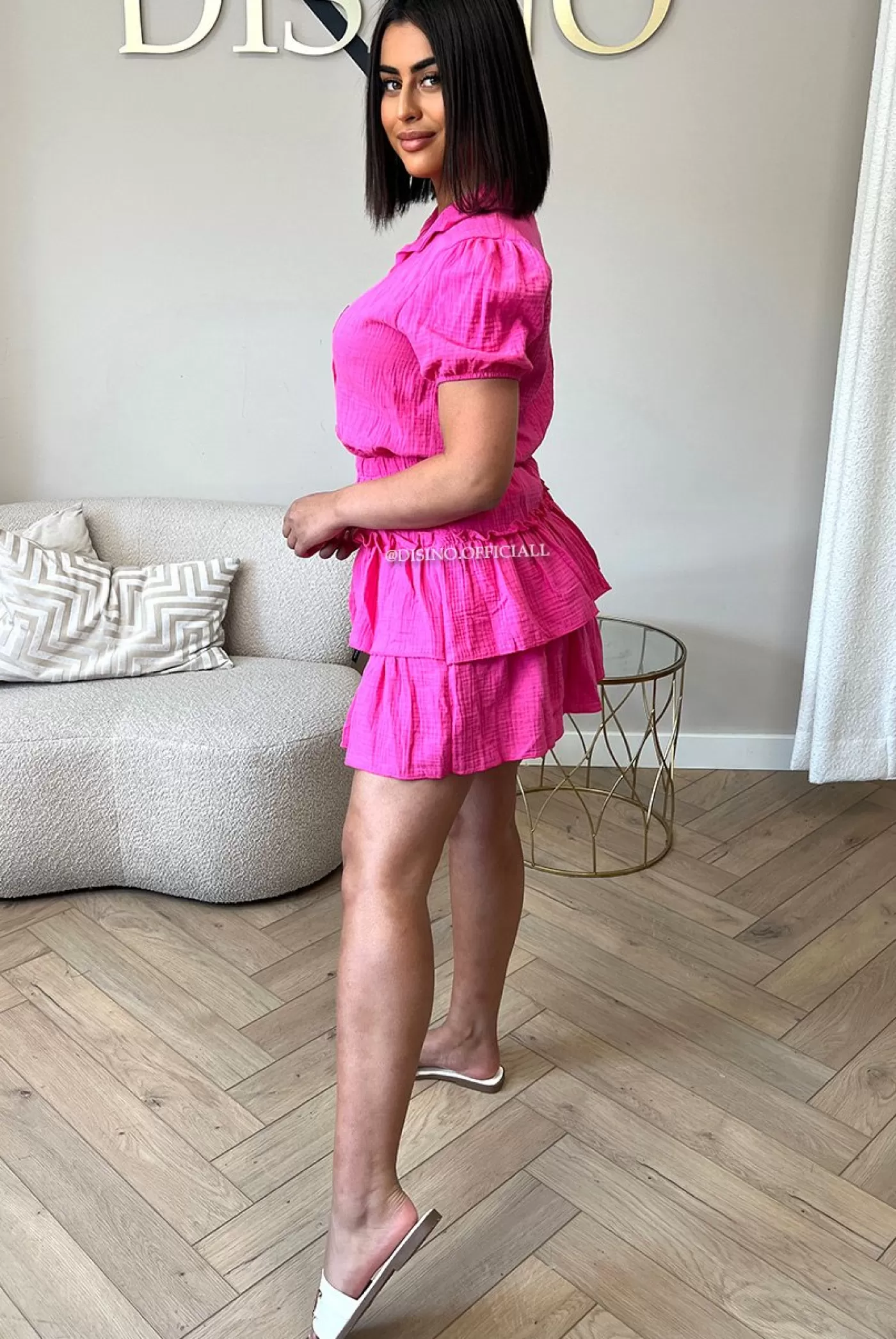 DISINO Fuchsia - 'Denise Set' - Moesseline Cotton Short Sleeve Blouse + Skirt Set | Vrouw Two Piece Set & Loungewear