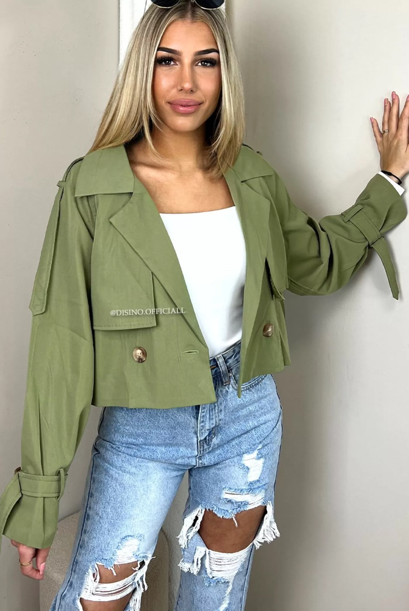 DISINO Green - 'Casey' - Inspired Cropped Trench Coat | Vrouw Clothing