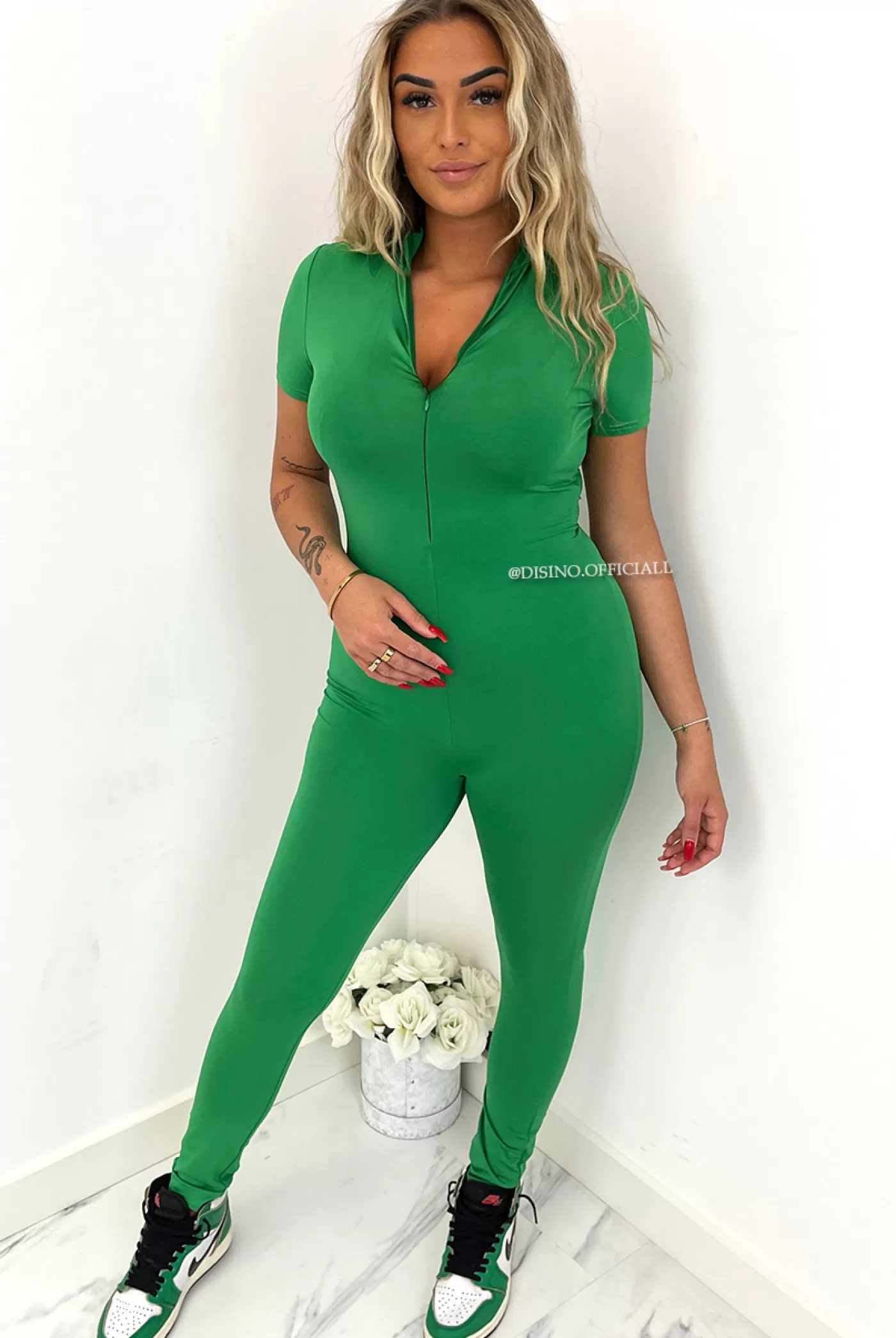 DISINO Green - 'Hayley' - Perfect Fit Zipper Short Sleeve Jumpsuit | Vrouw Jumpsuits & Playsuits