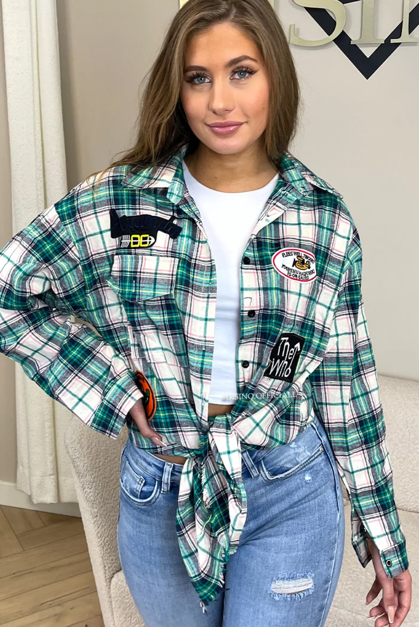 DISINO Green - 'Jones' - Checked Oversized Boyfriend Blouse Patches | Vrouw Blouses