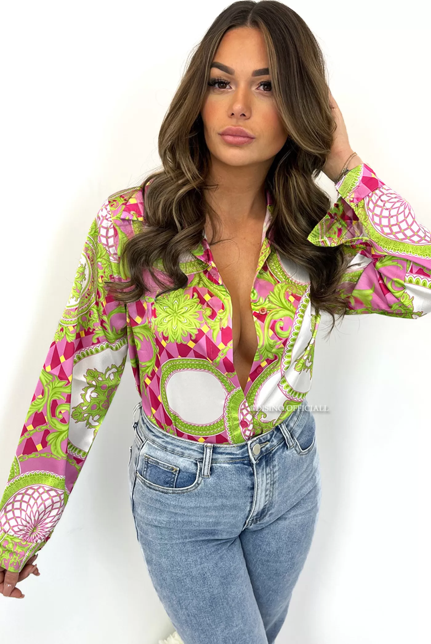 DISINO Green - 'Valentina' - Inspired Satin Print Blouse | Vrouw Blouses