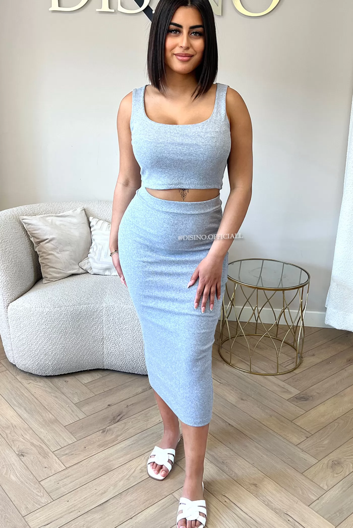 DISINO Grey - 'Alexia' - Ribbed Classy Two Piece Set | Vrouw Two Piece Set & Loungewear