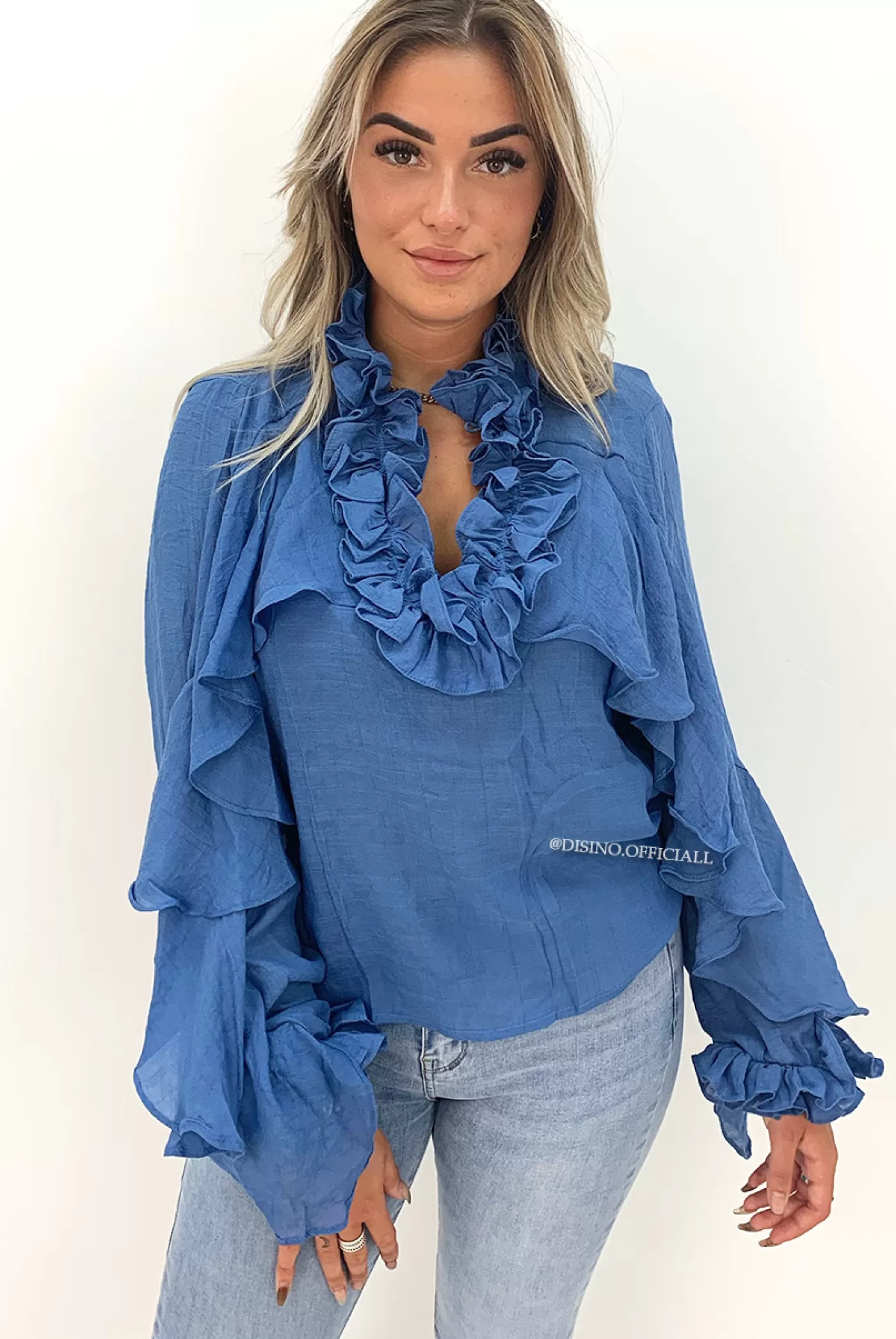 DISINO Jeans Blue - 'Marie' - Premium Quality Ruffle Blouse | Vrouw Blouses