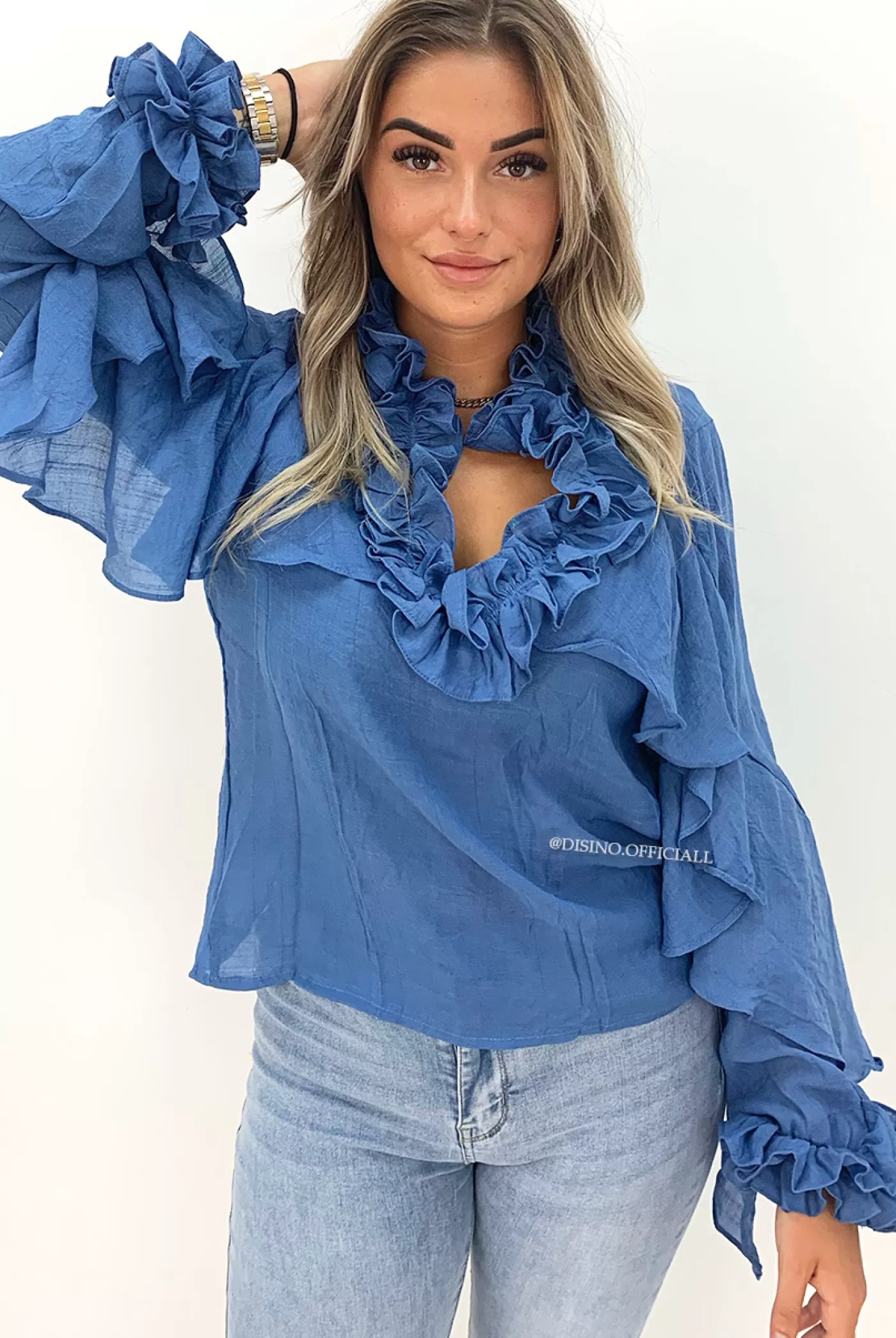 DISINO Jeans Blue - 'Marie' - Premium Quality Ruffle Blouse | Vrouw Blouses