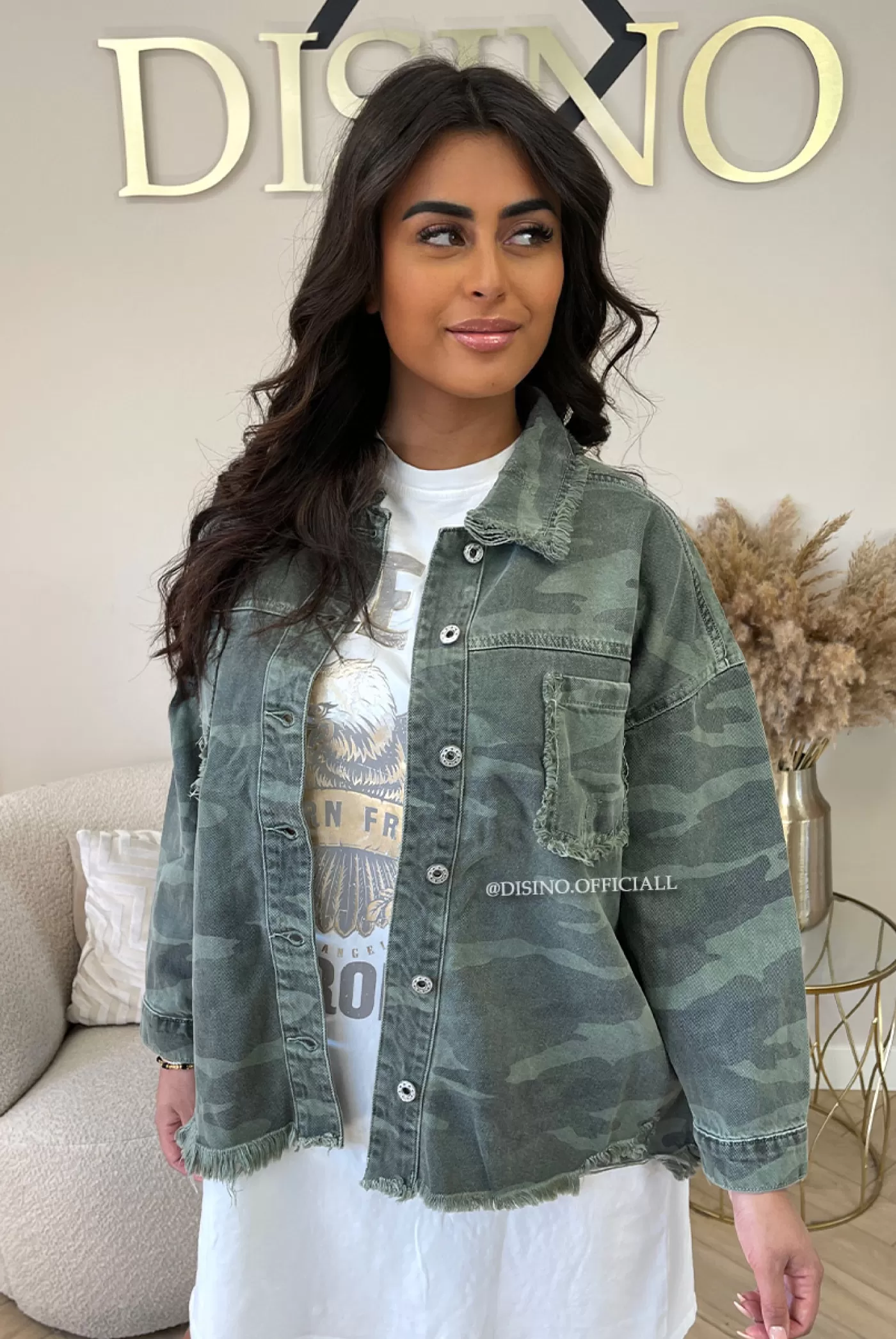 DISINO Khaki Green - 'Bradley' - Camo Army Oversized Denim Jacket | Vrouw Clothing