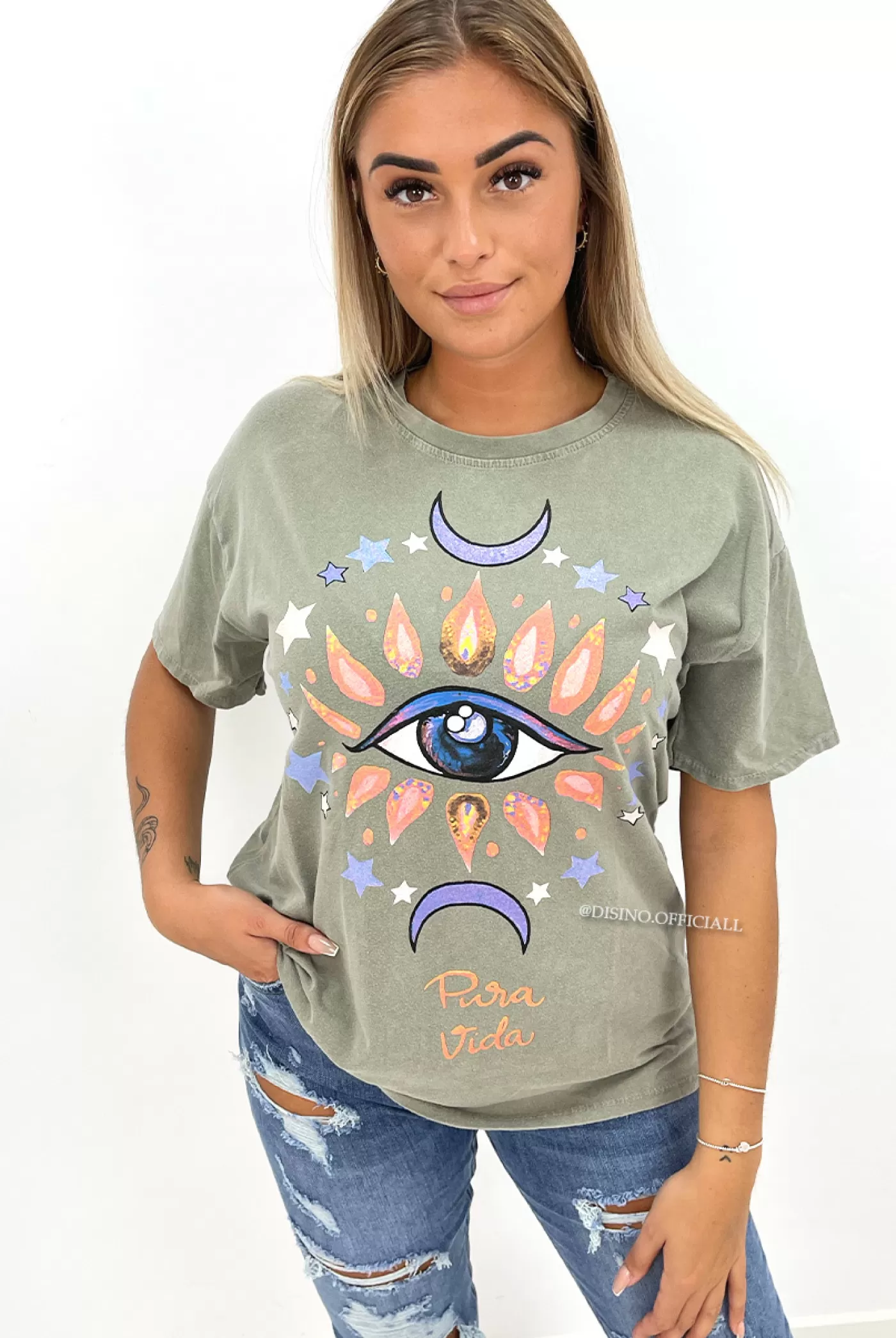 DISINO Khaki Green - 'Colorfull Eye' - Premium Quality Oversized Tee | Vrouw It-Shirts