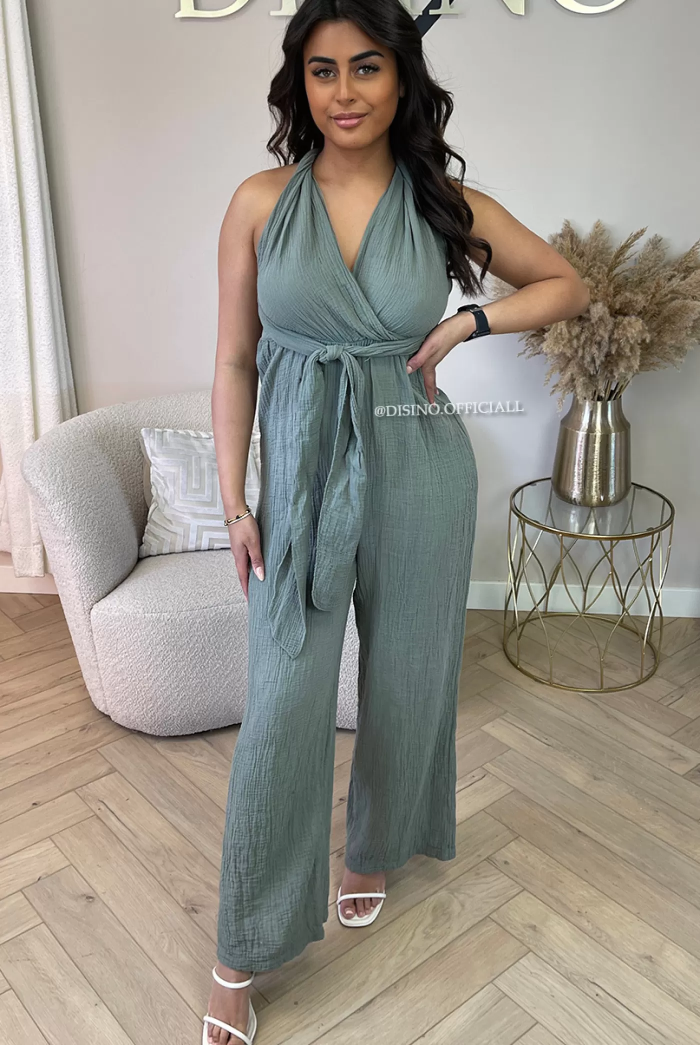 DISINO Khaki Green - 'Daisy Jumpsuit' - Multi Way Mousseline Cotton Jumpsuit | Vrouw Jumpsuits & Playsuits