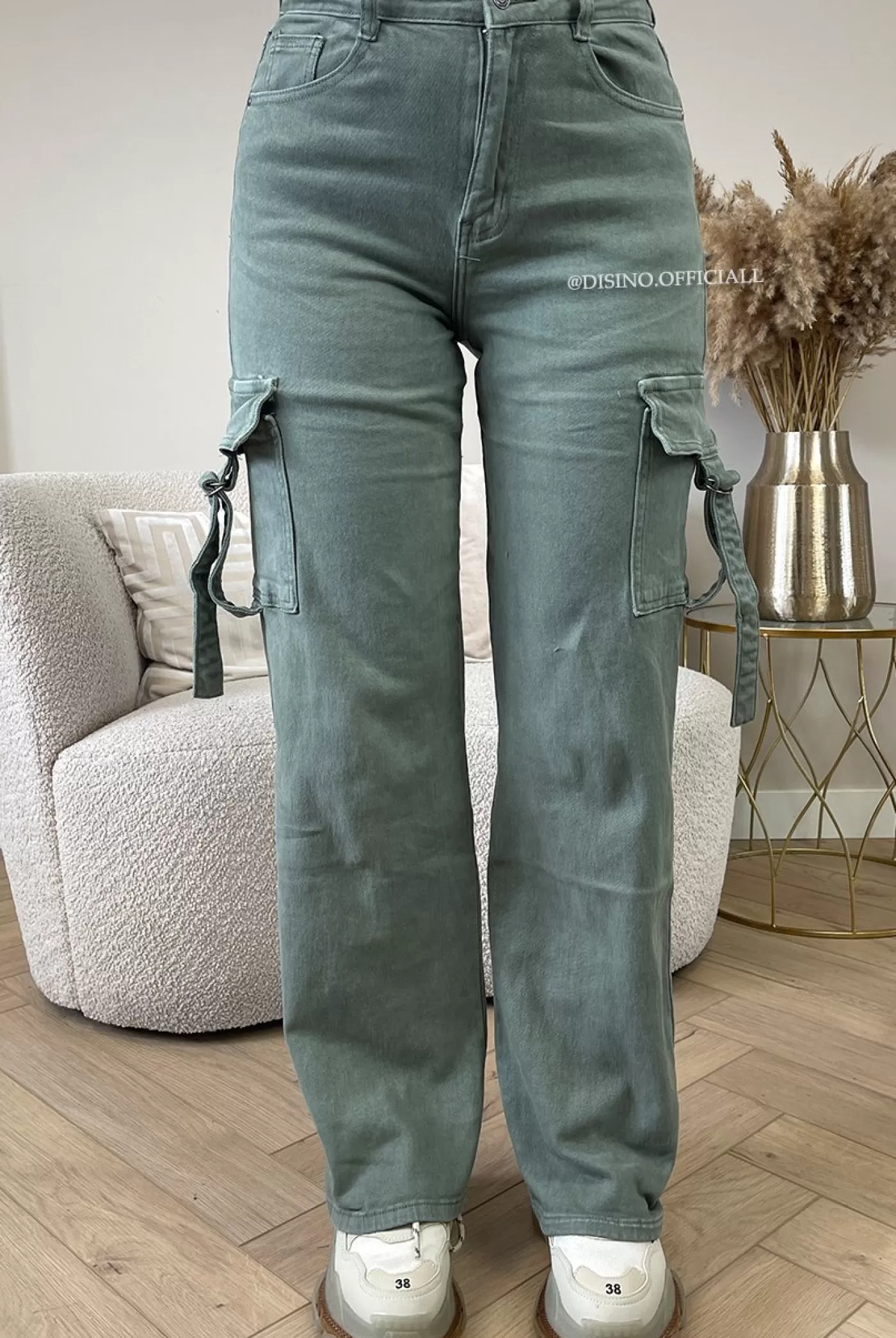 DISINO Khaki Green - 'Kelly Cargo Jeans' - Super Stretch Cargo Straight Leg Jeans | Vrouw Jeans