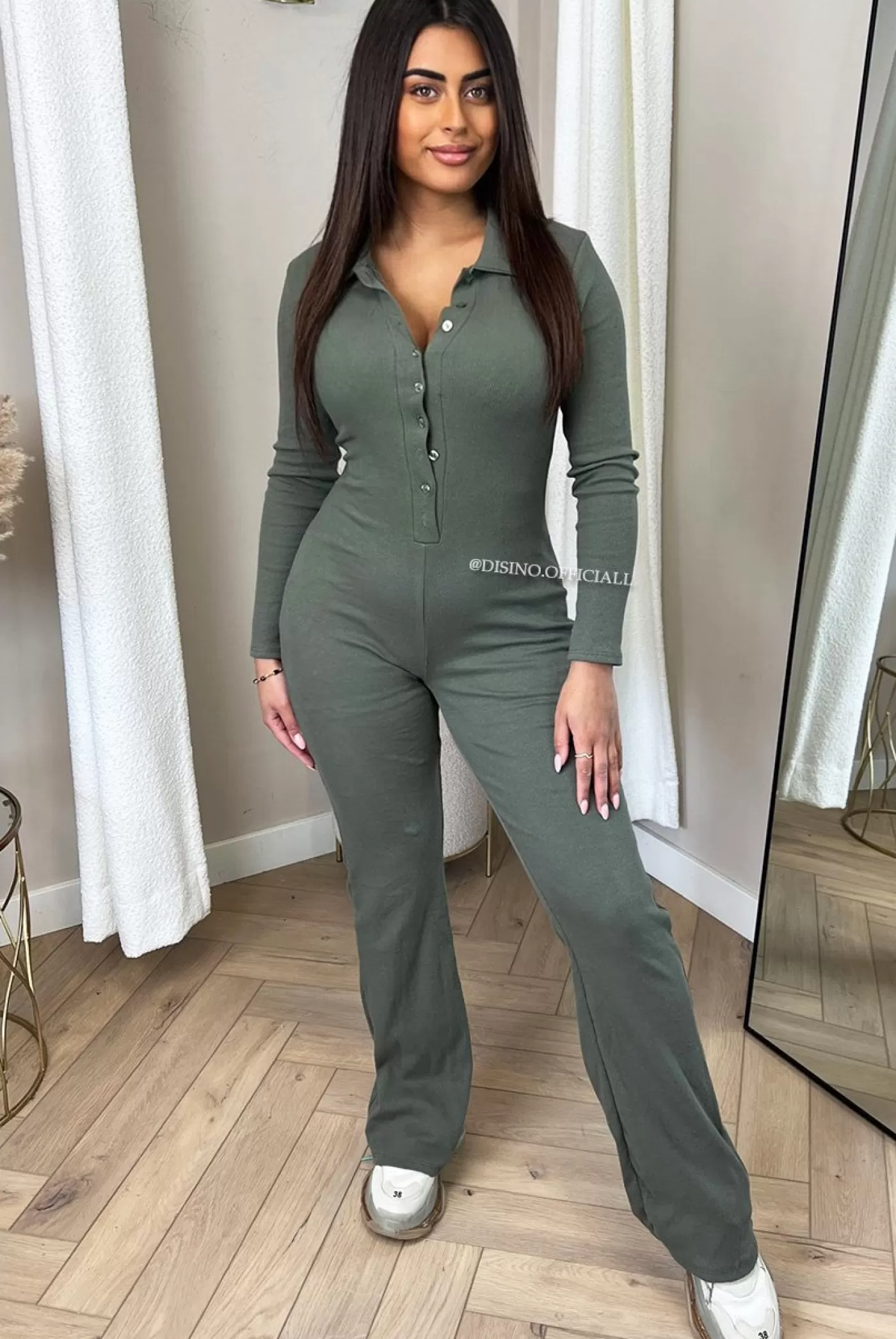 DISINO Khaki Green - 'London' - Premium Quality Ribbed Long Sleeve Jumpsuit | Vrouw Jumpsuits & Playsuits