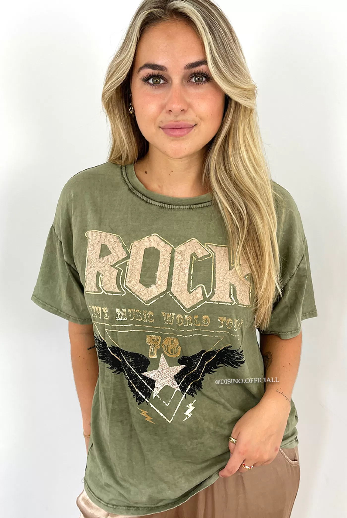 DISINO Khaki Green - 'Teddy Rock' - Premium Quality Oversized Tee | Vrouw It-Shirts